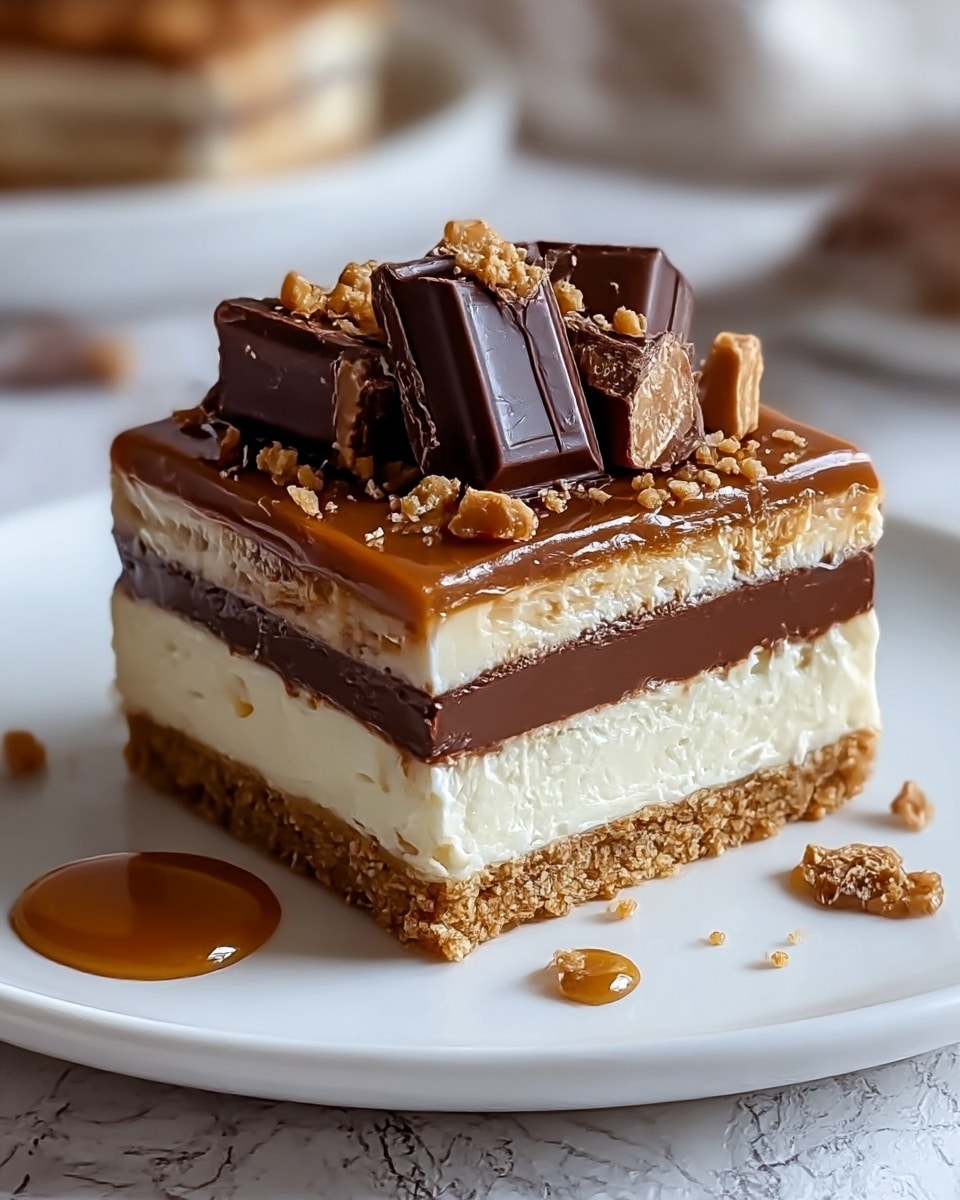 A square layered dessert sits on a white plate over a white marbled texture. The bottom layer is a light brown crumbly crust, topped by a thick smooth dark brown chocolate layer. Above that is a thick middle layer of creamy white filling with a soft texture. The top layer is a glossy caramel brown, spread evenly. On top, there are large chunks of dark chocolate and small pieces of crunchy toffee sprinkled around. A drop of caramel sauce is on the plate near the dessert. The background is softly blurred, emphasizing the dessert in the front. photo taken with an iphone --ar 4:5 --v 7