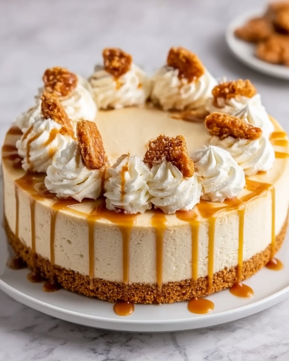 The image shows a round creamy cheesecake with a golden brown crumb crust forming the bottom layer. The cheesecake layer is thick, smooth, and pale beige in color. On top, there is a swirl of white whipped cream dollops evenly spaced around the edge. Drizzled over the whipped cream and edges of the cheesecake are golden caramel sauce streaks dripping slightly down the sides. Each whipped cream dollop is topped with a piece of crunchy caramelized nut or brittle, adding texture and a warm brown color contrast. The cake sits on a white plate placed on a white marbled surface. photo taken with an iphone --ar 4:5 --v 7