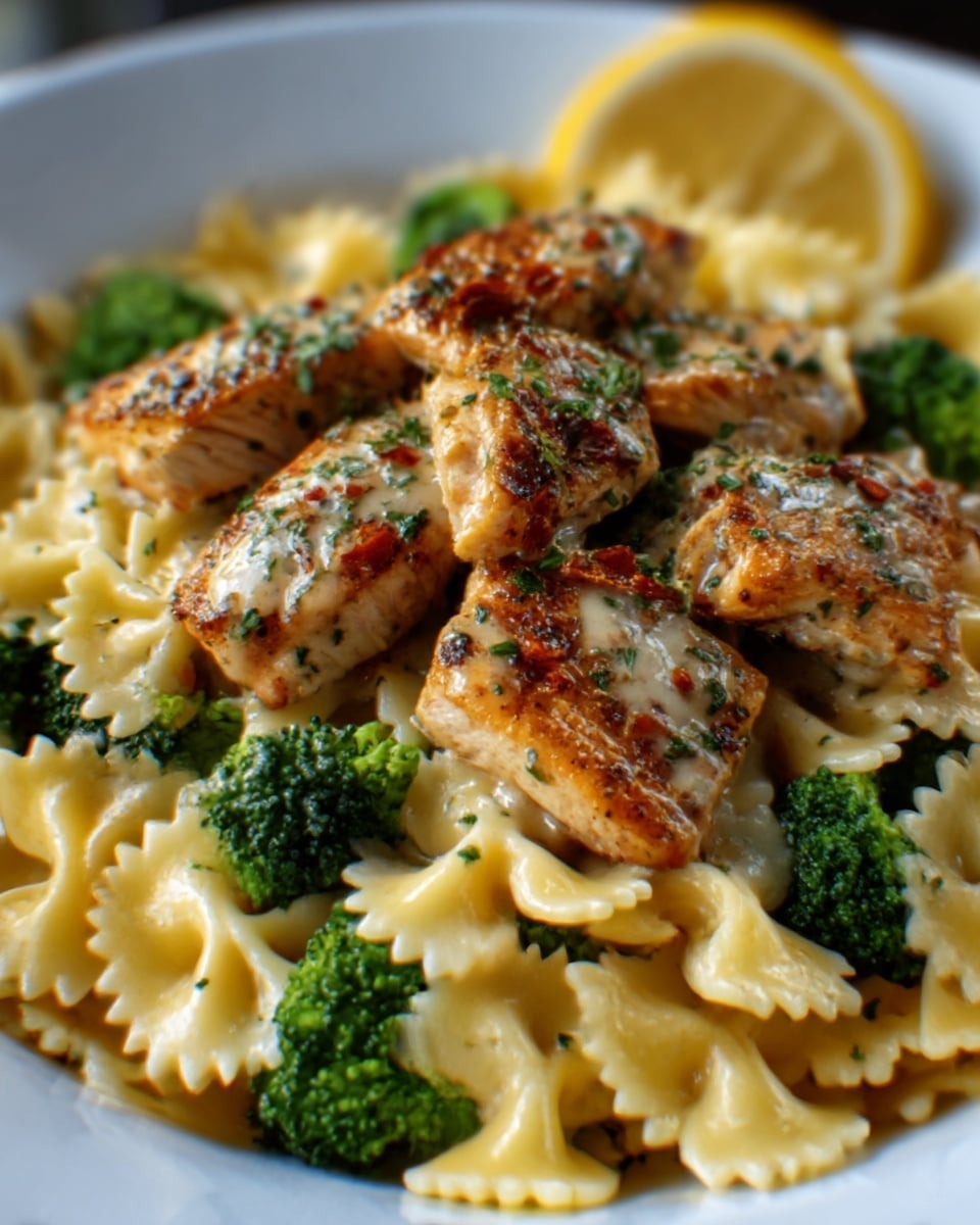 The image shows a dish with three clear layers. The bottom layer is a white plate filled with green broccoli florets. Above that, there is a layer of pale yellow bow-tie pasta spread evenly around the plate. The top layer consists of pieces of golden brown grilled chicken, sprinkled with green herbs and small bits of red seasoning, placed mostly in the center. A slice of lemon is partially visible in the background. The photo taken with an iphone --ar 4:5 --v 7