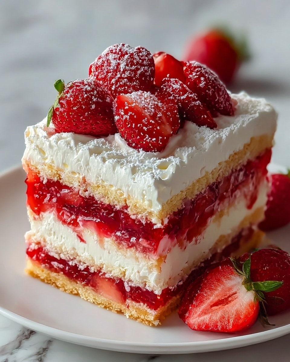 A slice of strawberry shortcake sits on a white plate with a white marbled surface beneath. The cake has four layers, starting from a crumbly light brown base. Above that is a thick layer of bright red strawberry pieces mixed with creamy white filling. The third layer is a smooth thick white cream, topped by a luscious, textured white whipped cream layer with delicate swirls. On top, several fresh ripe strawberries, some whole and some halved showing their red juicy interior with green leaves, are arranged neatly. A few powdered sugar dustings add a soft touch to the strawberries. Photo taken with an iphone --ar 4:5 --v 7