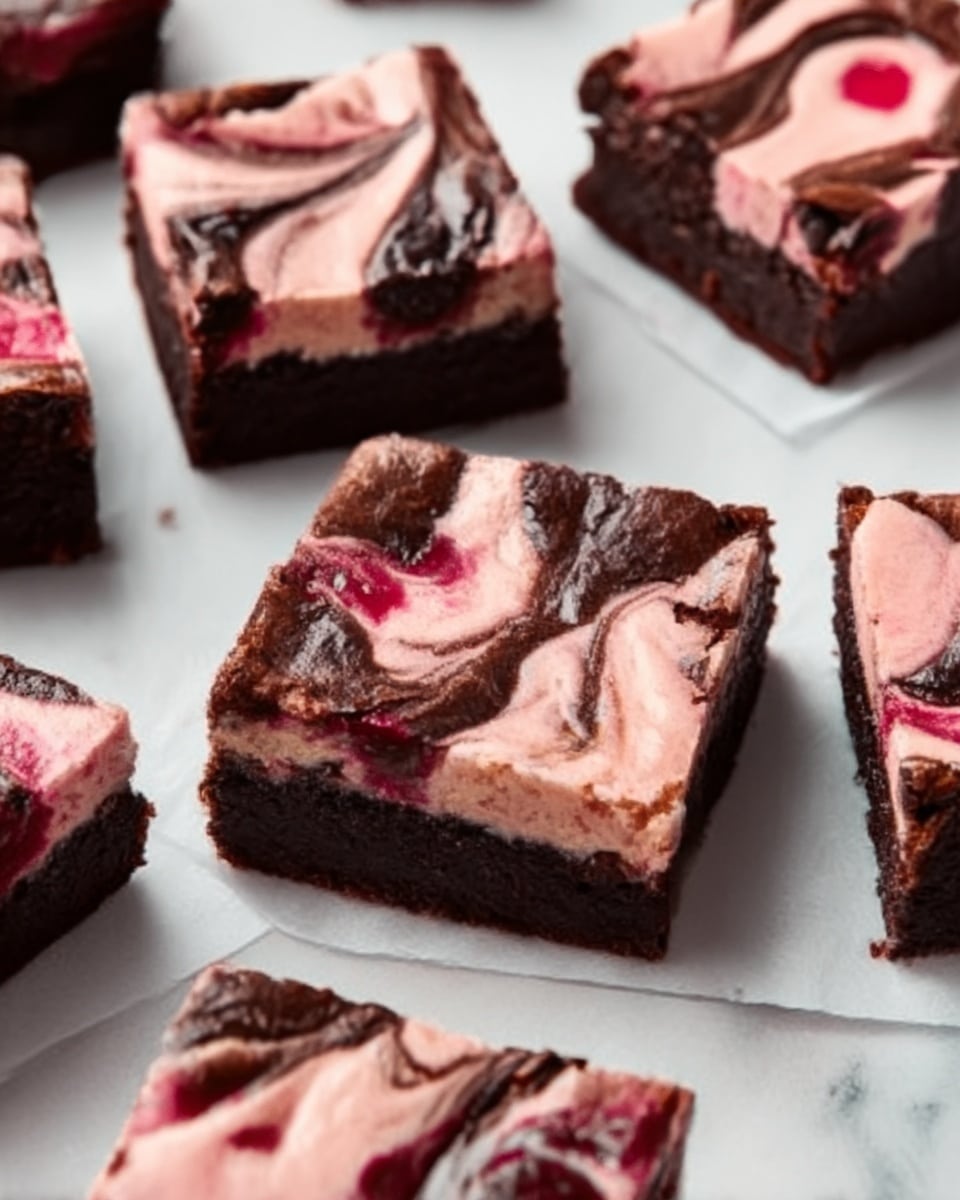 The image shows multiple square-shaped brownies on a white marbled surface, each with a marbled top layer that combines dark chocolate brown and light pink swirls. The brownies have a rich, glossy texture with the pink swirls unevenly spread, creating a beautiful contrast with the dark chocolate. The edges of the brownies are firmer and slightly crumbly, while the center looks moist and soft. Some of the pieces are slightly closer to each other, giving a feeling of freshness and an inviting look. photo taken with an iphone --ar 4:5 --v 7