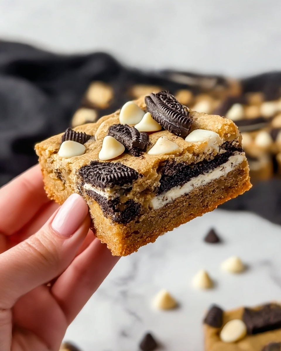 A close-up view of a thick, square cookie bar being held by a woman's hand. The cookie bar has three visible layers: the bottom and middle layers are golden-brown cookie dough with a soft, crumbly texture, and the middle is embedded with pieces of black and white sandwich cookies with visible cream filling. The top layer is a golden-brown baked surface dotted with broken pieces of the same sandwich cookies and scattered white chocolate chips. In the background, parts of the same cookie bar and a dark cloth are placed on a white marbled surface. Photo taken with an iphone --ar 4:5 --v 7