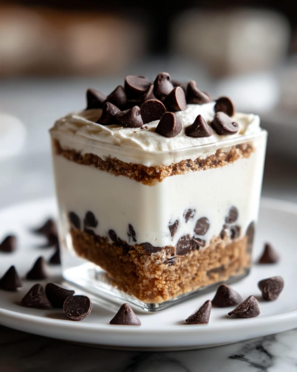 A square glass cup filled with three visible layers: the bottom layer is a crumbly light brown crust, the middle layer is a smooth white creamy filling mixed with small dark chunks, and the top layer is thick white cream topped with large dark chocolate chips, some slightly melting into the cream. The glass is placed on a white plate surrounded by a few dark chocolate chips, all set on a white marbled surface. The background is softly blurred. Photo taken with an iphone --ar 4:5 --v 7