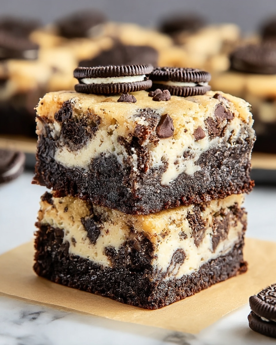 A close-up view of two stacked square bars showing three main layers: a dark brown, dense bottom crust; a thick middle layer with a mixed texture of creamy white and dark cookie pieces; and a top layer of light golden brown with a soft, crumbly texture decorated with small whole dark cookies. The bars have a moist and slightly crumbly look, with some cookie crumbs scattered around on a light brown paper surface, all set against a dark blurred background. photo taken with an iphone --ar 4:5 --v 7