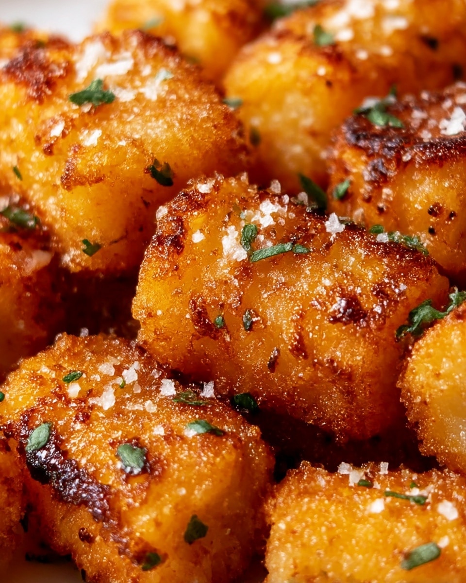 This image shows several golden-brown tater tots, each coated with a crispy, crunchy exterior that has a few dark brown spots from frying. The tots are roughly rectangular with a finely textured surface and are topped with small flakes of white sea salt and tiny pieces of fresh green parsley sprinkled evenly on them. The tater tots appear closely packed together, creating a warm, inviting look filled with crunchiness and a bit of moisture visible in the coating. The background is a white marbled surface. photo taken with an iphone --ar 4:5 --v 7