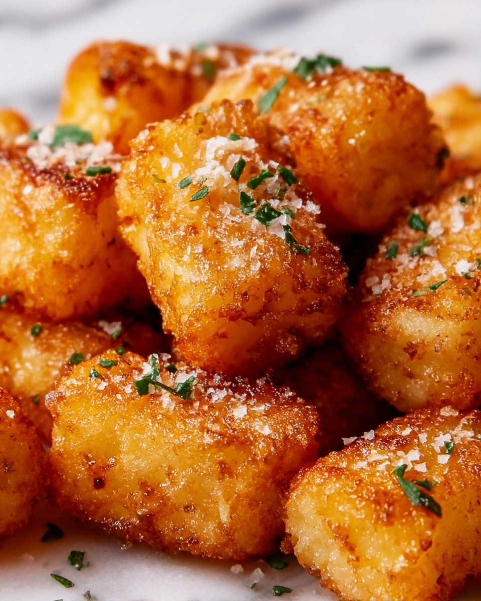 The image shows a close-up of several golden-brown crispy pieces of fried food, each piece having a rough and crunchy texture with a few charred spots. The pieces are sprinkled with small green herb leaves and coarse white salt crystals scattered on top. The shapes are mostly rectangular with rounded edges, tightly packed together, and have a crunchy breadcrumb coating that glistens slightly in the light. The background is a white marbled texture, adding a clean and bright contrast to the rich colors of the fried pieces. photo taken with an iphone --ar 4:5 --v 7