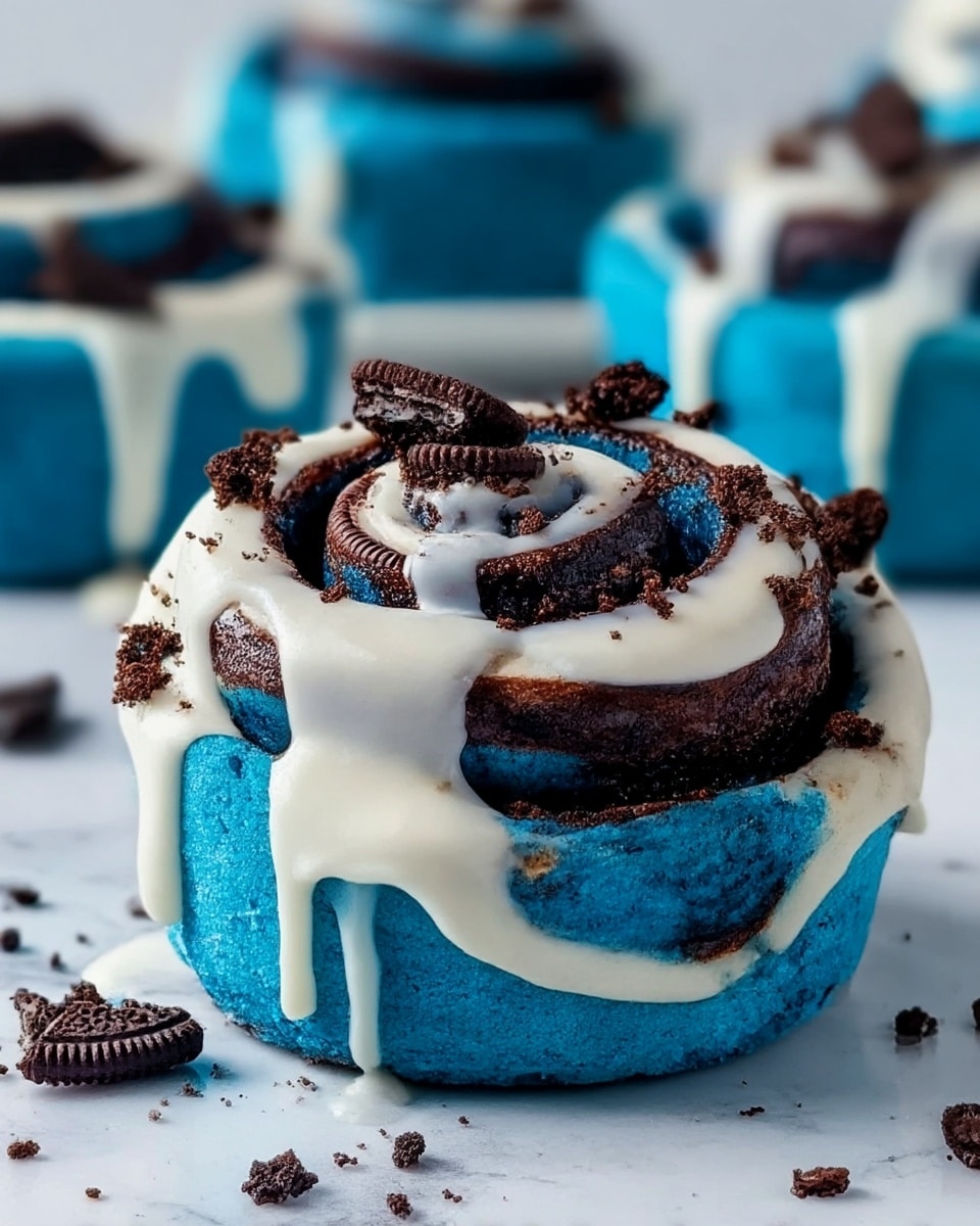 A close-up of a bright blue cinnamon roll sitting on a white marbled surface, covered in thick white icing that drips down the sides, with crumbled dark chocolate cookie pieces scattered on top and around the roll; the roll sits in a white plate, and another similar cinnamon roll is partly visible in the background, showing the swirls of the blue dough and chocolate chunks inside, photo taken with an iphone --ar 4:5 --v 7