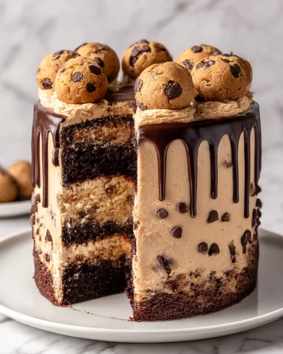 A tall three-layer chocolate cake sits on a white plate with each layer separated by thick, creamy peanut butter filling mixed with small chocolate chips. The outside is covered with smooth light brown frosting, decorated at the bottom with a row of small chocolate chips. Dark chocolate glaze drips down from the top edges. On top, there are whole chocolate chip cookie dough balls arranged in a circle. The background is a white marbled texture. photo taken with an iphone --ar 4:5 --v 7