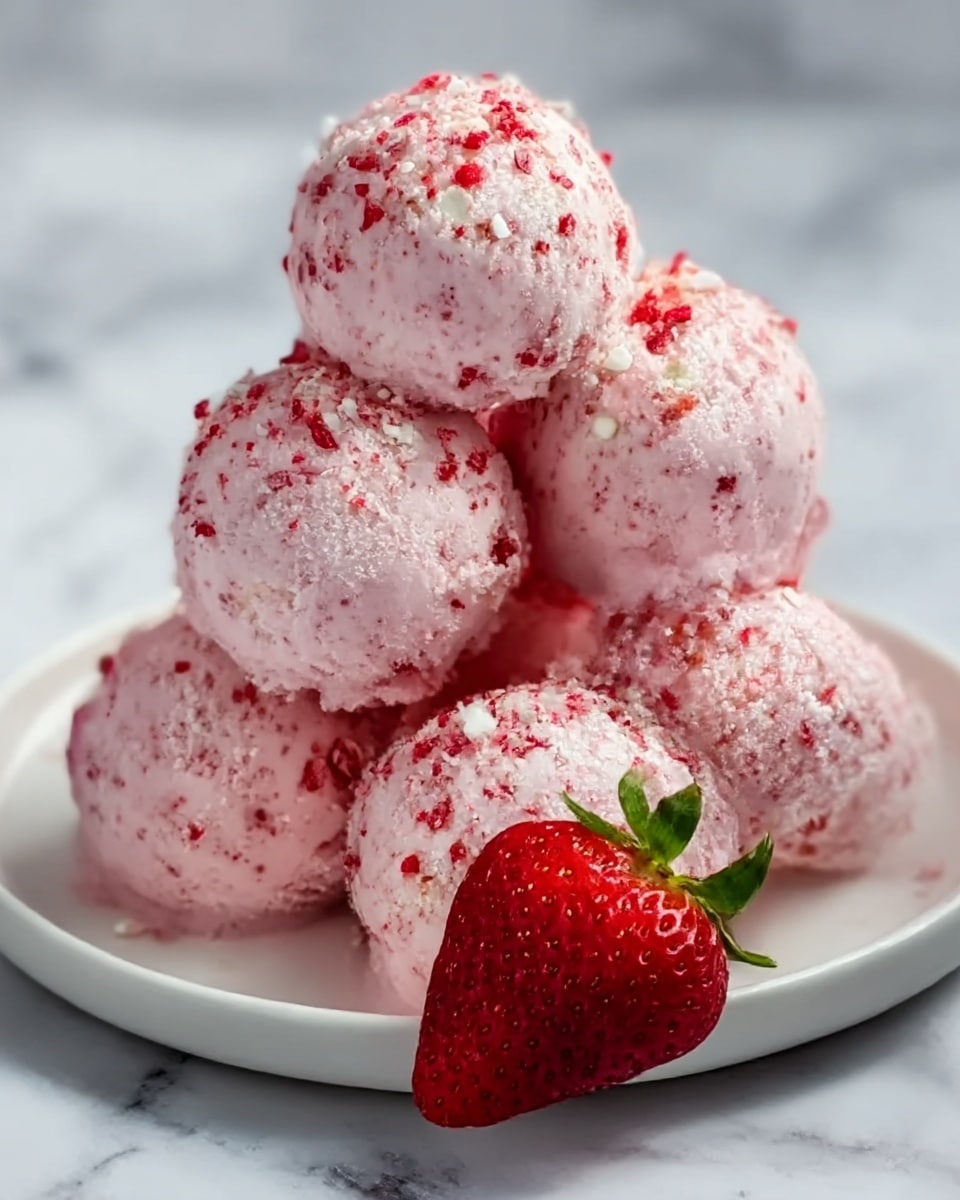 A white plate piled with six pink dessert balls, each coated in a smooth pink icing with tiny red and white sprinkles all over. One fresh red strawberry sits at the base of the pile on the plate. The plate is set on a white marbled surface, and the background is softly blurred with other strawberries faintly visible. The dessert balls have a slightly glossy texture and look creamy and sweet. Photo taken with an iphone --ar 4:5 --v 7