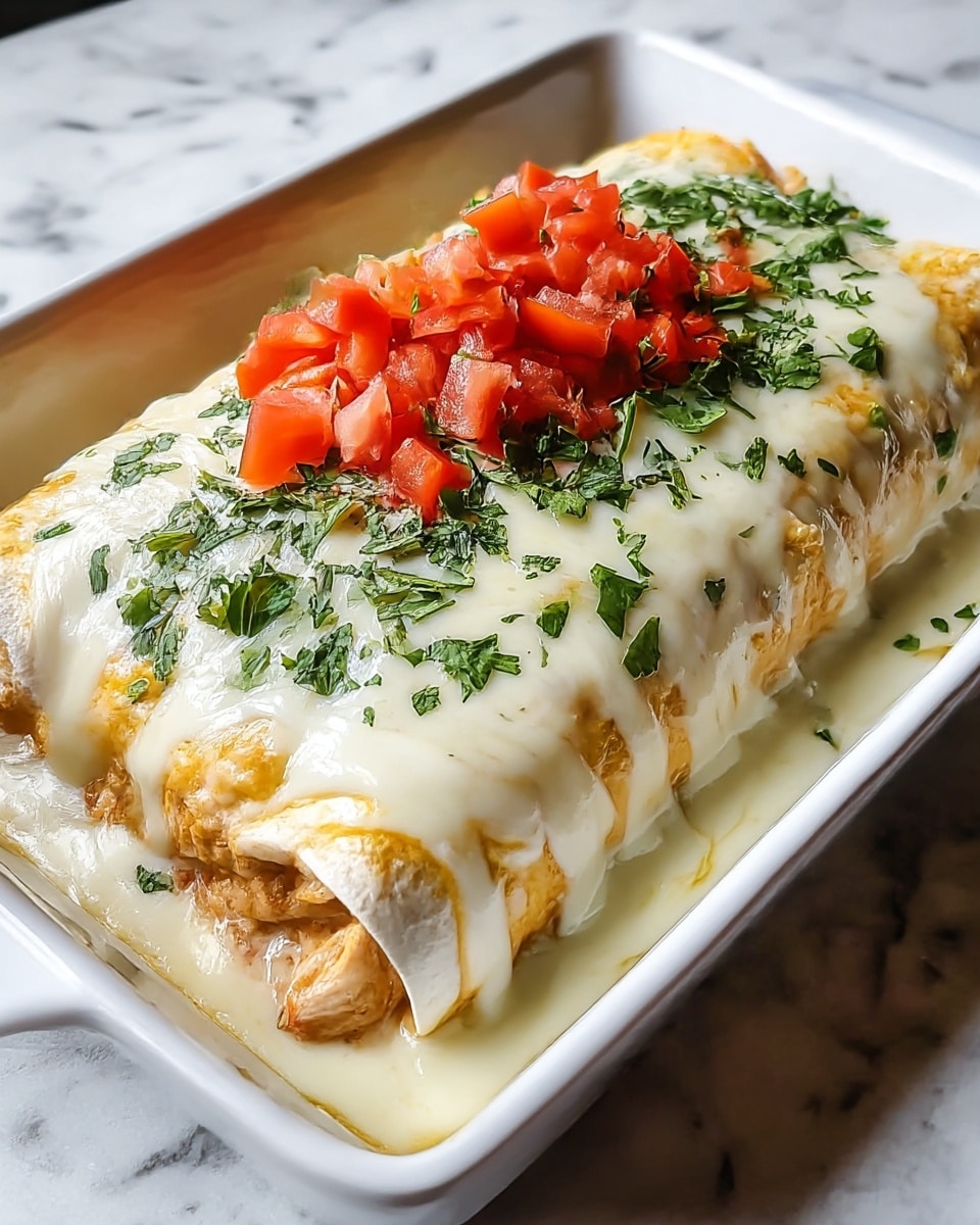 The dish shows a close-up of a large rolled enchilada on a white rectangular plate, covered in melted white cheese that drips down the sides. Inside the enchilada, you can see shredded chicken mixed with sauce, giving it an orange-brown color. On top of the melted cheese, there is a layer of finely chopped red tomatoes and green cilantro sprinkled all over, adding bright color contrast. The textures of the soft tortilla, gooey cheese, and fresh toppings are visible, all placed on a white marbled surface. photo taken with an iphone --ar 4:5 --v 7