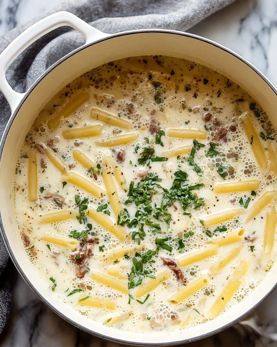 A large white pot filled with creamy soup that has three main visible layers: a thick, white creamy broth base; short, pale yellow pasta tubes scattered throughout; and small chunks of brown shredded meat mixed evenly in the soup. Green leafy herbs are sprinkled over the soup, adding small bright green spots. The creamy broth shows a slightly oily texture with small bubbles, and black pepper specks are visible on top. The pot is set on a white marbled surface with a bit of greenery slightly blurred in the background. photo taken with an iphone --ar 4:5 --v 7