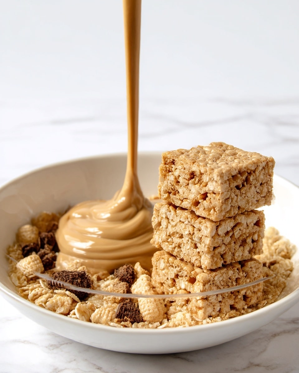 A clear white bowl holds a dessert with three main parts: on the right, there is a neat stack of three square crispy rice treats that are beige with darker brown cereal pieces inside, showing a rough, airy texture. Surrounding the base of the stack and spreading around the bowl is a mixture of light tan puffed cereal and small chunks of dark brown cookie crumbles. In the center-left of the bowl, a thick, smooth, light brown creamy layer is being poured, folding over itself in soft waves with a shiny surface, sitting on top of the cereals. The background is a white marbled texture. photo taken with an iphone --ar 4:5 --v 7