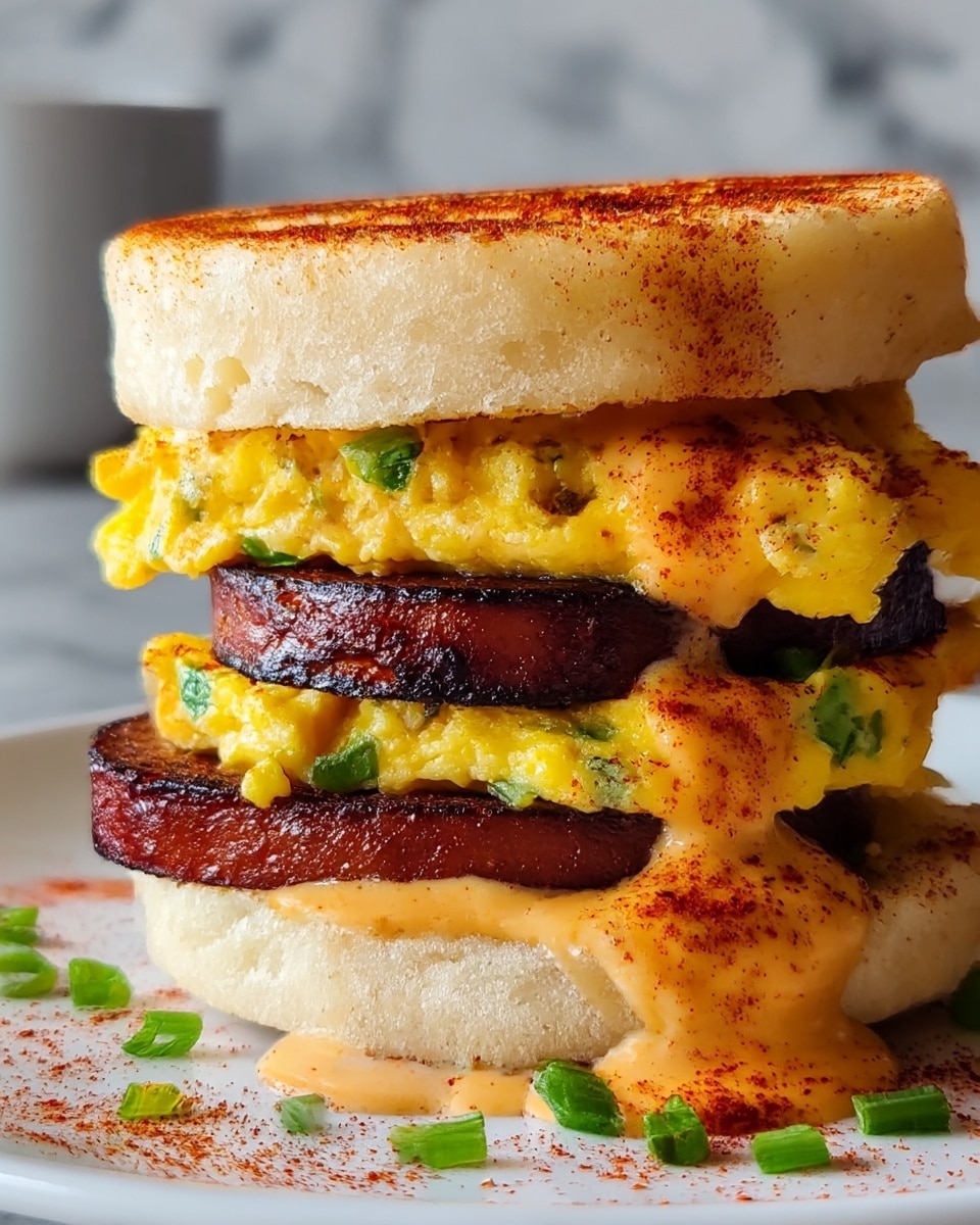 A close-up of a breakfast sandwich with three layers. The bottom layer is a toasted white English muffin with a soft, airy texture. Above it is a fluffy, bright yellow scrambled egg layer, dotted with small green herbs. Next, there is a slice of dark, grilled meat or sausage with a caramelized surface. Another thick scrambled egg layer with herbs follows, topped with another slice of the grilled meat. The top layer is another toasted white English muffin with a slightly charred surface. Light orange creamy sauce mixed with red spices drips down the sides and green chopped herbs are sprinkled over the sandwich and plate. The sandwich sits on a white plate with a white marbled background. photo taken with an iphone --ar 4:5 --v 7