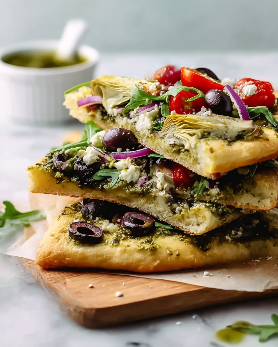 The image shows three stacked slices of flatbread pizza on a wooden board, placed on a white marbled surface. The bottom slice has a golden-brown crust topped with green pesto sauce, black olive slices, and a halved bright red cherry tomato, along with some leafy arugula. The middle slice reveals layers of white crumbled cheese, more green pesto, slices of pale yellow artichoke hearts, black olives, and some purple onion rings peeking out from underneath. The top slice has similar toppings, including green arugula leaves, halved cherry tomatoes, crumbled cheese, and pesto drizzle. In the background, a white ramekin with green sauce is slightly blurred. Photo taken with an iphone --ar 4:5 --v 7