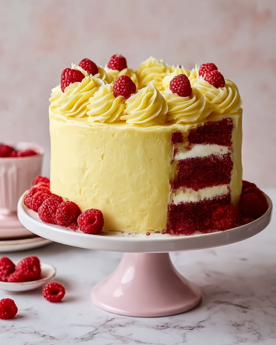 A three-layer red velvet cake with bright red, moist cake layers separated by thick white cream cheese frosting, all covered in smooth creamy yellow frosting. The cake is decorated with large swirls of the same yellow frosting around the top edge and base. Fresh raspberries sit neatly on top of the frosting swirls and scattered around the white cake stand. The cake stand has a soft pink base and the setting is a white marbled texture. Photo taken with an iphone --ar 4:5 --v 7