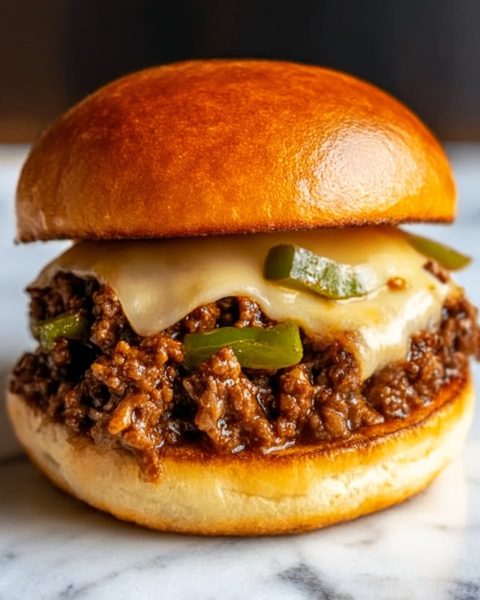 A close-up view of a sandwich with a shiny golden brown top bun. Below the bun are layers of cooked ground meat mixed with green pepper slices, topped with melted white cheese that slightly drips over the meat. The sandwich sits on a white plate with a white marbled surface background. The bun bottom is soft and light brown, holding the juicy filling firmly in place. Photo taken with an iphone --ar 4:5 --v 7