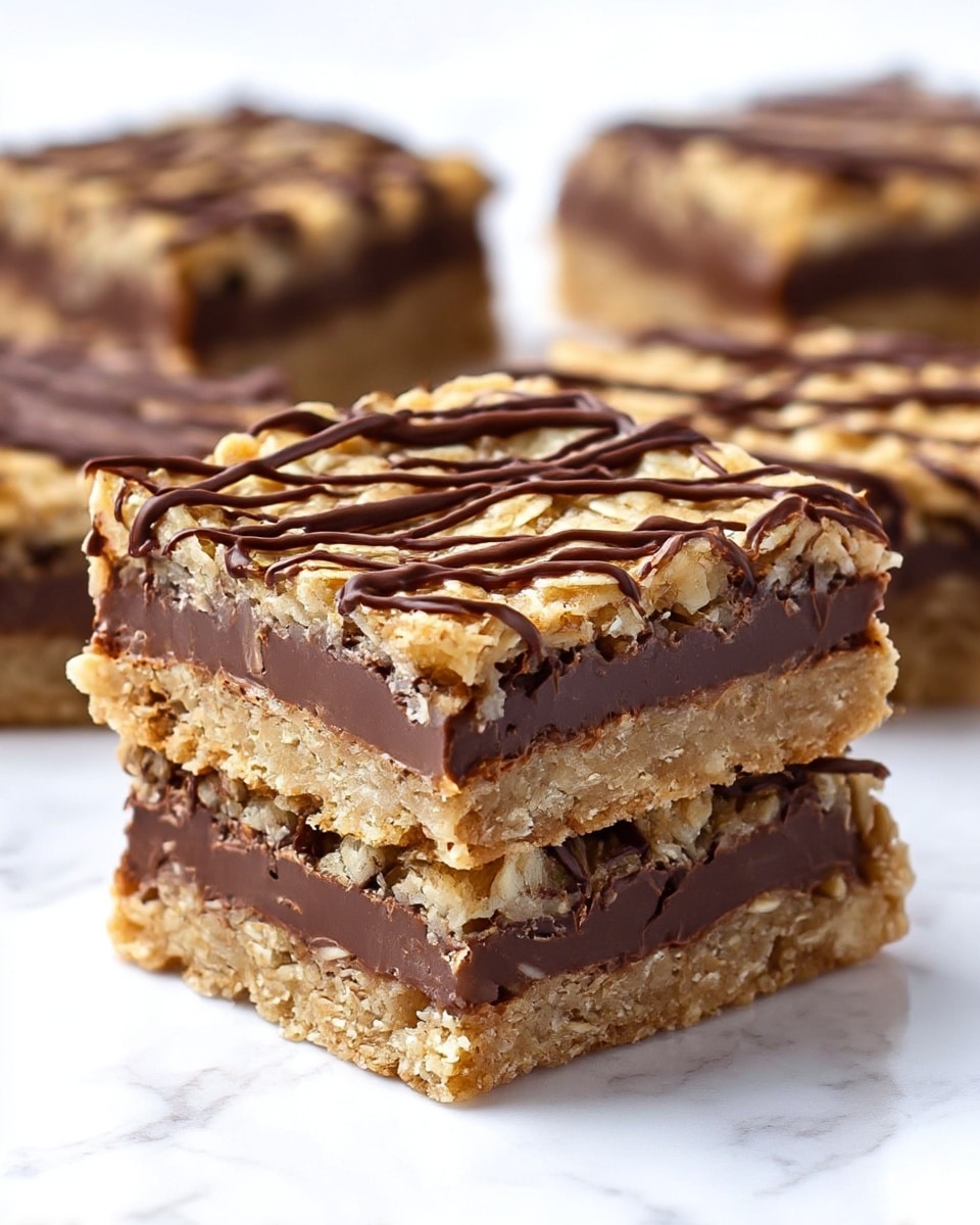 The image shows a close-up of a square dessert bar with three main layers. The bottom layer is light tan with a rough texture, made of crushed oats or cereal. The middle layer is thick and smooth, made of light brown chocolate or fudge filling. The top layer is again light tan with oats or cereal, textured and uneven, drizzled with dark brown chocolate in zigzag lines. The bars are arranged on a white marbled surface, with one bar in focus in the front and more blurred bars in the background. Photo taken with an iphone --ar 4:5 --v 7