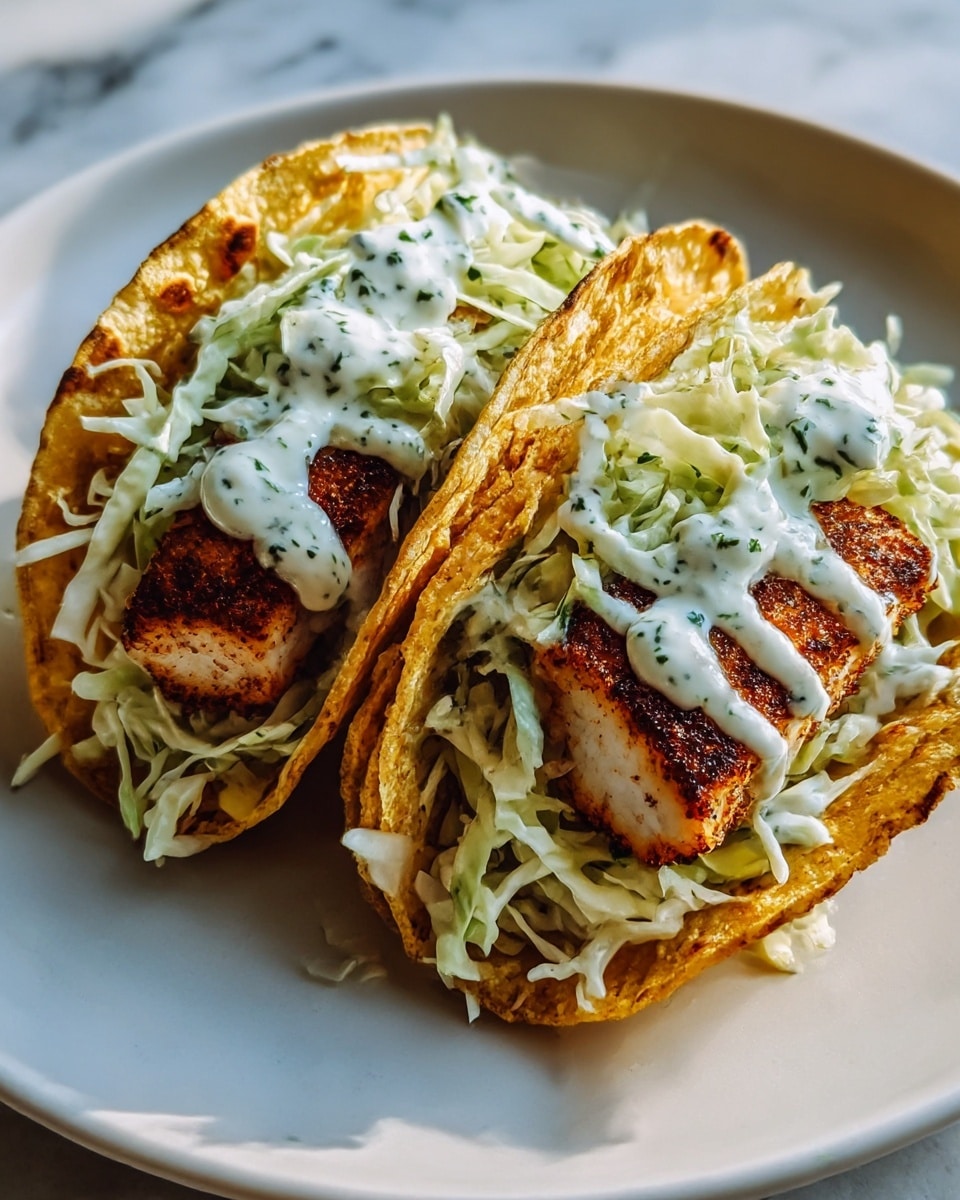 Two tacos sit side by side on a white plate with a white marbled background. Each taco has three main layers: a golden, crispy taco shell with browned edges, a piece of grilled, dark-brown seasoned fish fillet in the center, and a fresh, light green shredded cabbage topping. On top, a drizzle of creamy white sauce with green herb specks covers the cabbage, adding texture and contrast to the rich colors below, photo taken with an iphone --ar 4:5 --v 7