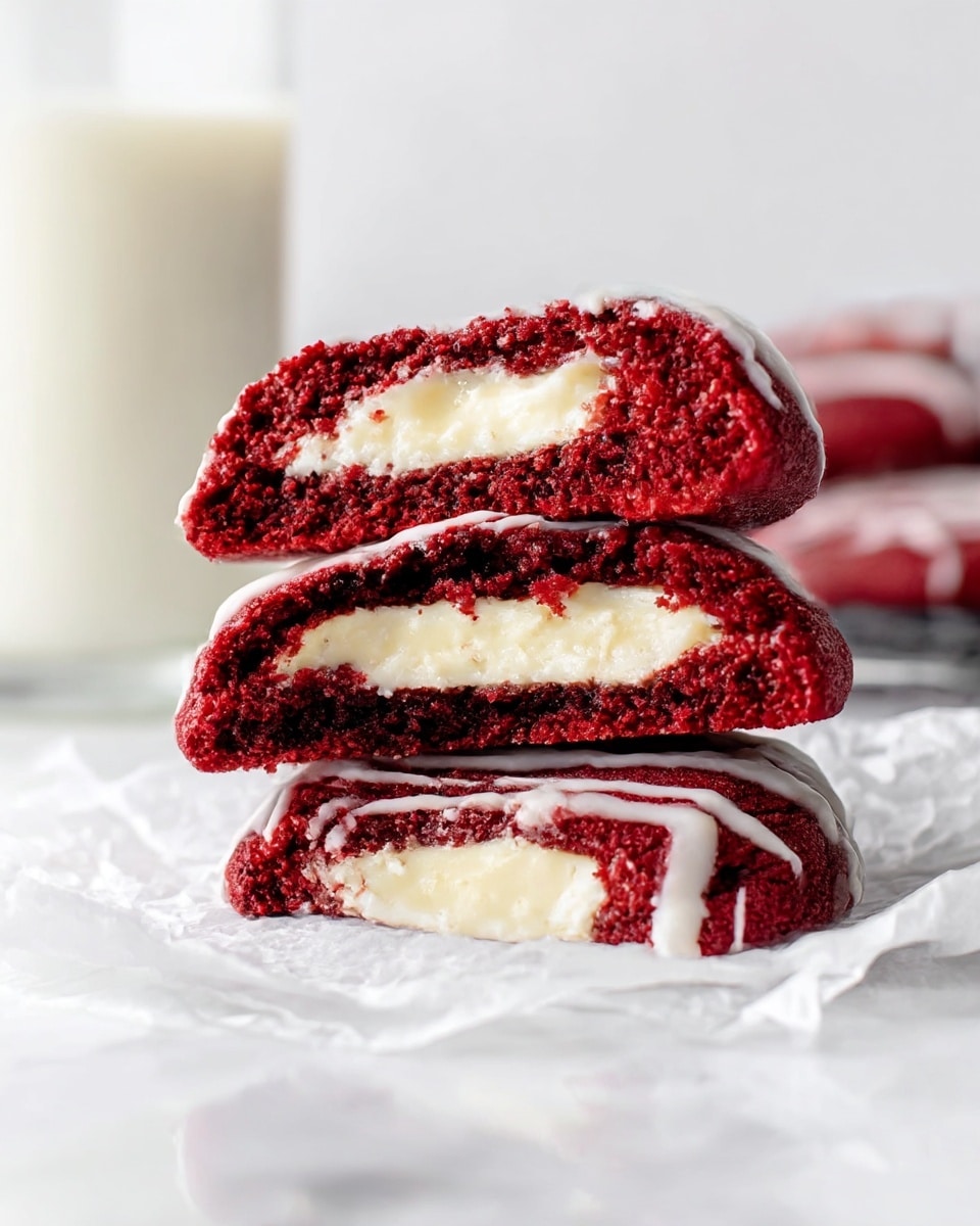 Three thick, soft red velvet cookies are stacked on top of each other on a white marbled surface. Each cookie is split in half, showing a creamy white filling as the middle layer. The outer layers are deep red with a moist, slightly crumbly texture, and thin white icing stripes are drizzled across the top of each cookie. In the blurred background, a clear glass filled with white milk is visible. The scene feels bright and clean. photo taken with an iphone --ar 4:5 --v 7