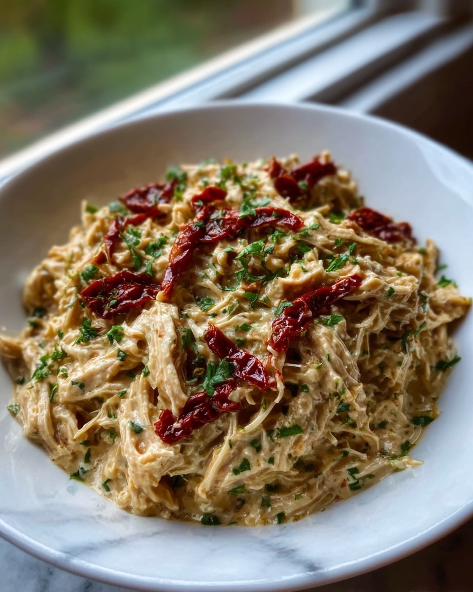 A white bowl filled with a creamy shredded chicken dish, topped with thin slices of red sun-dried tomatoes and sprinkled with bright green chopped herbs. The chicken looks soft and moist with a light orange sauce that binds it together, while the herbs add fresh color contrast. The bowl is placed on a white marbled surface near a window, with soft natural light enhancing the textures and colors of the food. photo taken with an iphone --ar 4:5 --v 7
