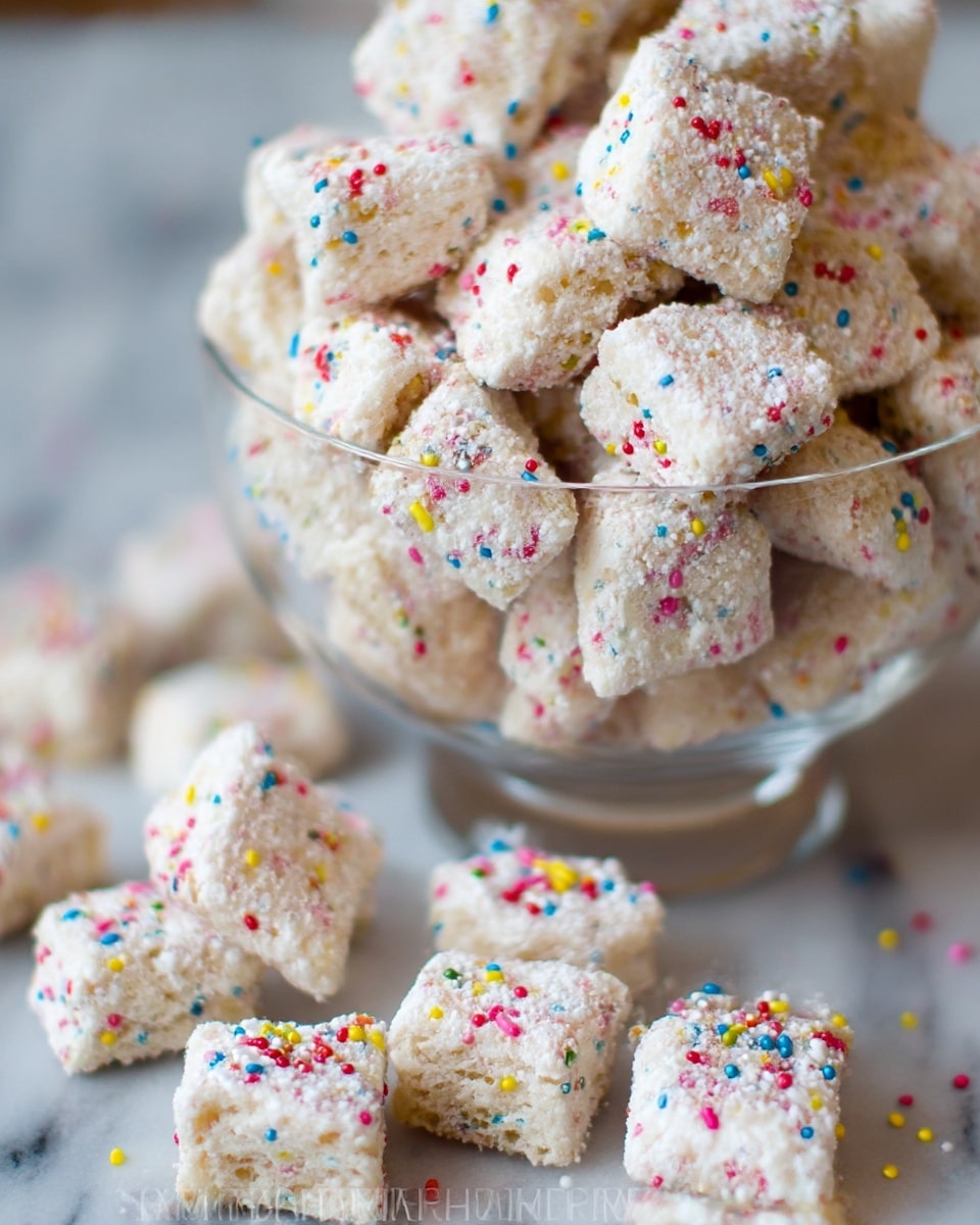The image shows a clear glass bowl filled with small, square-shaped snacks covered in a white, powdery coating sprinkled with colorful round candy bits in red, yellow, blue, green, and purple. In front of the bowl, more of these snacks are scattered on a surface with a white marbled texture. The snacks have a rough texture with the colorful candy pieces evenly distributed on the white coating, giving a festive look. Photo taken with an iphone --ar 4:5 --v 7