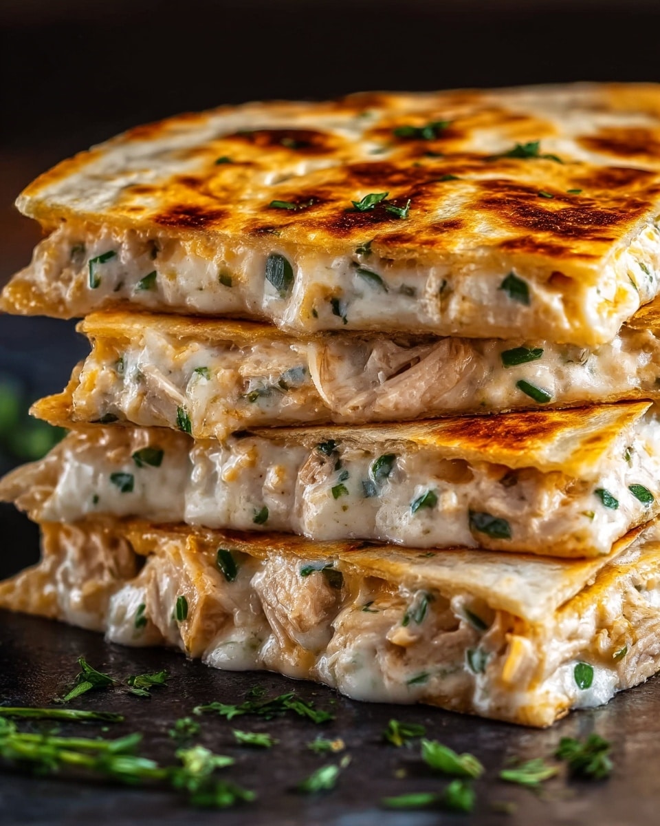 The image shows a close-up of a stack of three grilled quesadilla pieces, each cut into a triangular shape. Each quesadilla has a golden-brown, slightly crispy tortilla exterior with visible grill marks on the top. Inside, the filling is creamy white with melted cheese patches of light orange and scattered green herbs mixed in. The layers of thin, toasted tortilla are sandwiching the rich, cheesy, and herb-speckled filling which looks soft and gooey, oozing slightly out from the edges. The quesadillas are stacked unevenly on a surface with a white marbled texture. Photo taken with an iphone --ar 4:5 --v 7