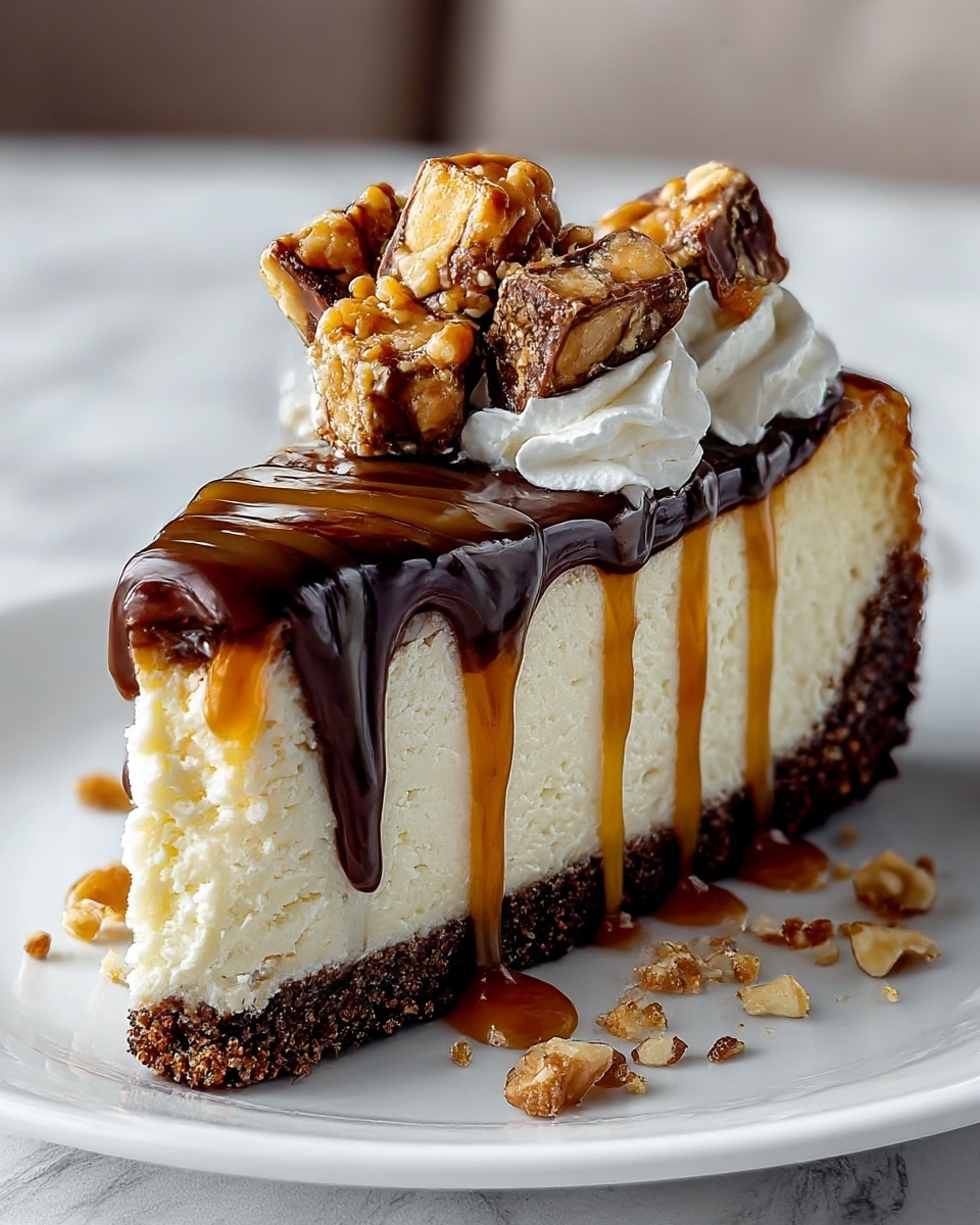 A thick slice of cheesecake sits on a white plate over a white marbled surface, showing four visible layers: a dark brown, crumbly base; a creamy, pale yellow cheesecake middle with small air pockets; a glossy, thick layer of chocolate sauce on top that drips down the sides with some caramel sauce mixed in, creating amber streaks; and on top, dollops of white whipped cream hold chunky, square pieces of nutty caramel candy sprinkled with small chopped nuts. The chocolate and caramel sauces pool slightly at the base of the slice. Photo taken with an iphone --ar 4:5 --v 7