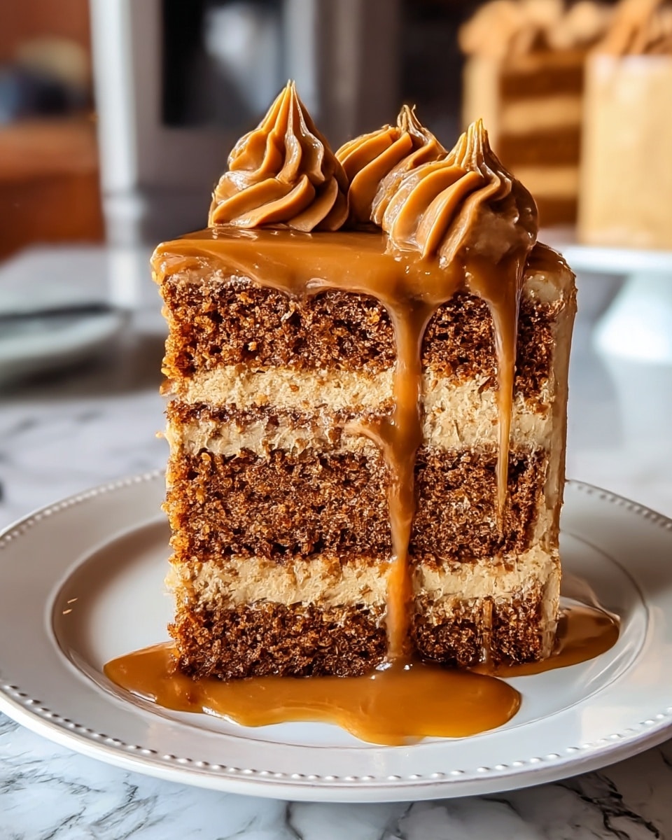 A slice of layered cake sits on a white plate with a subtle leaf pattern, placed on a white marbled surface. The cake has three layers of dark brown, crumbly cake alternating with two thick, creamy layers of light brown frosting. The top of the cake is covered in glossy caramel sauce that drips down the sides in thick streams. On top, five dollops of swirled light brown frosting are arranged in a circle. Some small round pieces sit around the cake on the plate, partially covered by the caramel sauce pooling at the base. Photo taken with an iphone --ar 4:5 --v 7