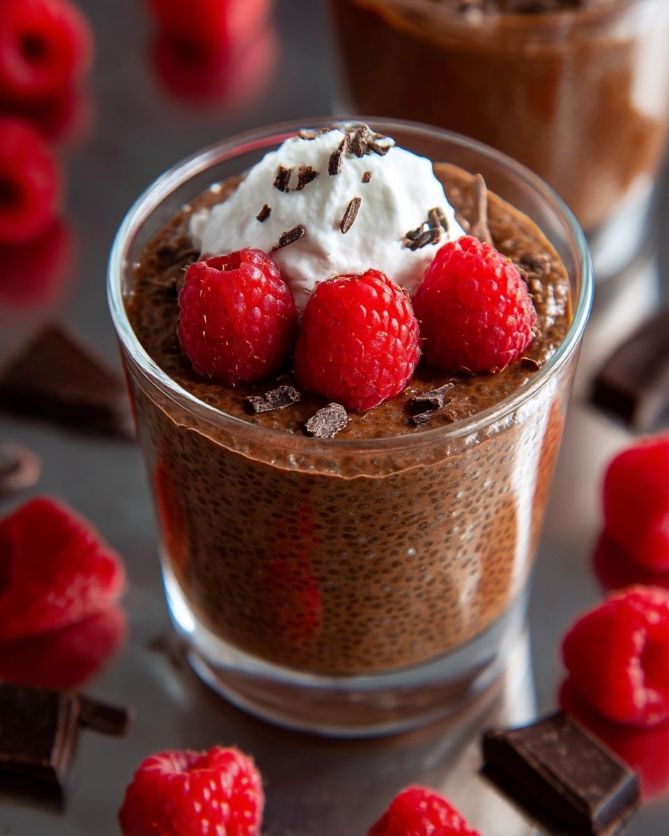 A clear glass cup filled with rich, textured dark brown chocolate mousse that has small chia seeds visible throughout, topped with a dollop of white whipped cream in the center, three bright red raspberries arranged on the cream, and small dark chocolate shavings scattered over the surface. The cup is set on a reflective surface with scattered fresh raspberries and small pieces of dark chocolate around it. Photo taken with an iphone --ar 4:5 --v 7