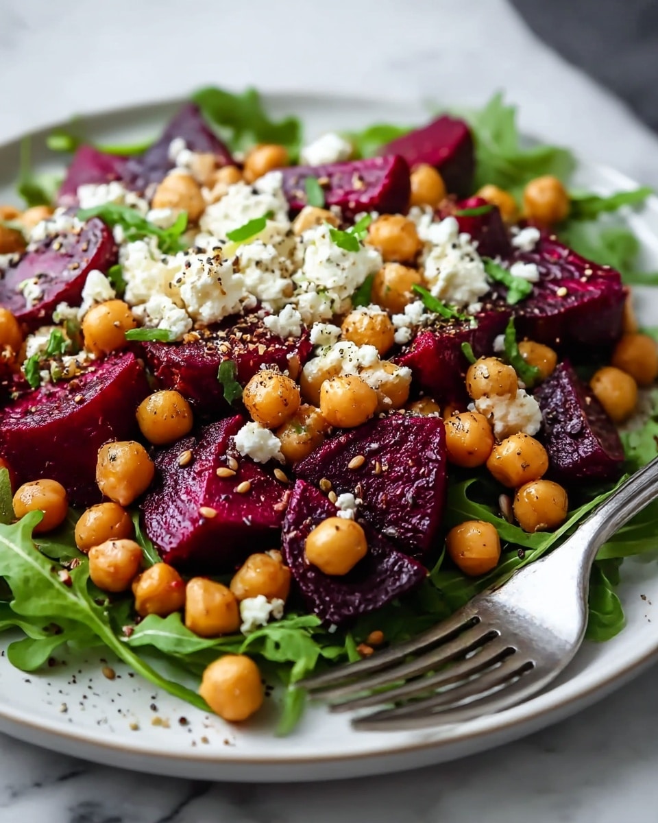 A white plate filled with a colorful salad that has three clear layers: the bottom layer is dark green arugula leaves with a fresh and leafy texture, the middle layer consists of thick slices of deep red beetroot, with a smooth but slightly glossy surface, and the top layer is made of round, light golden chickpeas spread evenly, sprinkled with small white crumbled cheese bits and chopped green herbs. The salad is lightly dusted with black pepper and some seasoning seeds. The plate rests on a white marbled surface, next to a metallic spoon partially visible. Photo taken with an iphone --ar 4:5 --v 7