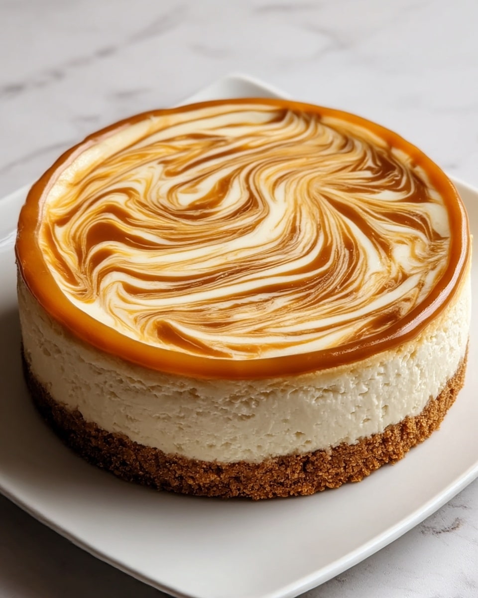 A round cheesecake is presented on a white plate placed on a white marbled surface. The dessert has three visible layers: the bottom layer is a dense, brown crumbly crust; the middle layer is thick, creamy, and off-white in color; the top layer features a glossy caramel swirl pattern mixed with creamy white cheesecake filling, creating an intricate marble effect with flowing lines and waves. The edge of the caramel layer is slightly raised, adding texture and depth to the top surface. photo taken with an iphone --ar 4:5 --v 7