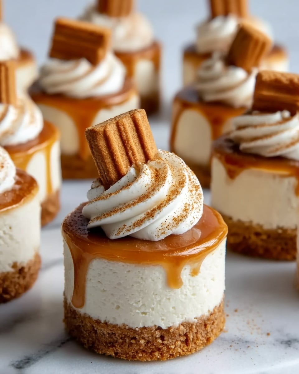 The image shows several small layered cakes on a white plate, each cake made of three main layers. The bottom layer is a crumbly brown base that looks like crushed biscuits. Above this is a thick, smooth white cream layer that forms the main part of the cake. On top of the cream is a shiny caramel drizzle that gently flows down the sides in thin streams. Each cake has a swirl of white whipped cream at the center, sprinkled with light brown powder, likely cinnamon or cocoa. A small rectangular biscuit is placed upright in each whipped cream swirl. The plate sits on a white marbled surface. photo taken with an iphone --ar 4:5 --v 7