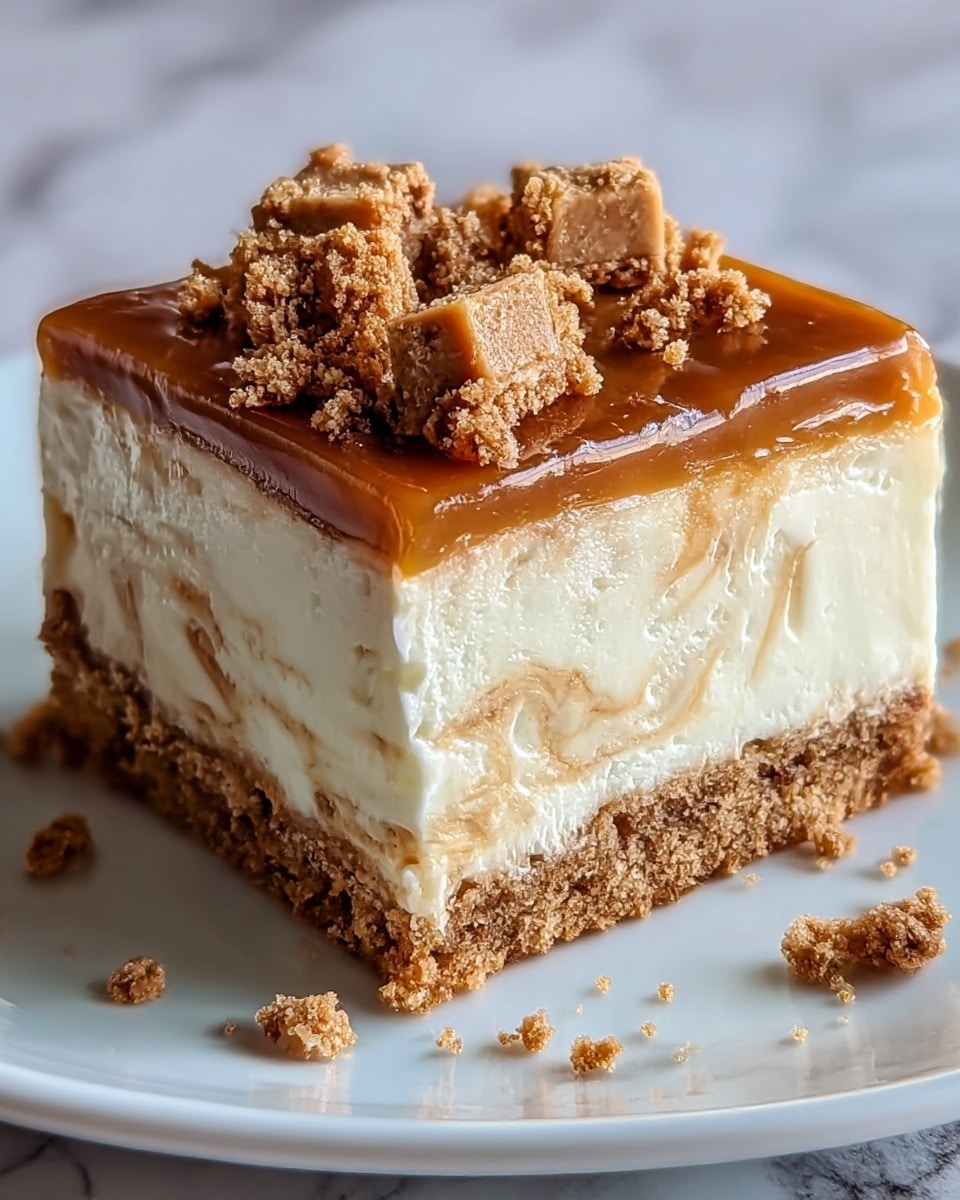 A square dessert with three visible layers on a white plate, placed on a white marbled surface; the bottom layer is a thick, crumbly brown crust, the middle layer is a creamy white filling mixed with small brown crumbs, and the top layer is a smooth, glossy caramel sauce that drips slightly over the edges, topped with small, chunky brown biscuit pieces scattered on top and around the base. photo taken with an iphone --ar 4:5 --v 7