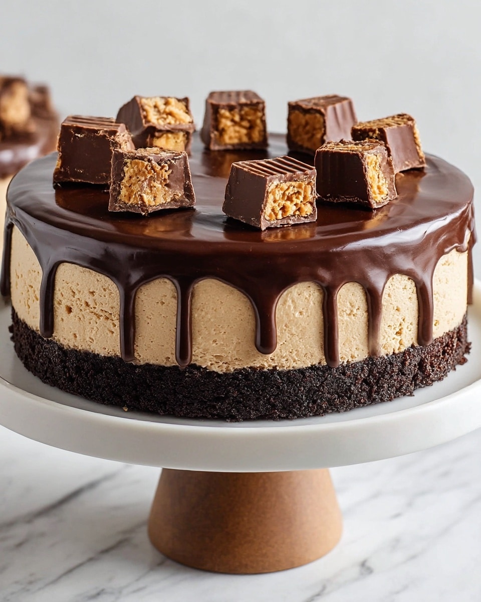 This dessert has three clear layers: the bottom is a dark, crumbly chocolate base, the middle is a thick, light brown mousse-like layer with a smooth texture, and the top is a shiny, dark chocolate glaze that drips slightly over the edges. On top of the glaze, there are many cut pieces of chocolate candy bars, each showing a crunchy, golden inside with a dark chocolate coating. The cake is placed on a white plate with a smooth surface, all set against a white marbled textured background. photo taken with an iphone --ar 4:5 --v 7
