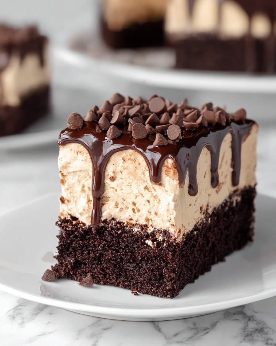The image shows a thick square piece of chocolate cake with three clear layers: the bottom layer is dark, moist chocolate cake, the middle layer is creamy and light beige, and the top layer is a smooth chocolate ganache that glistens and drips down the sides. The top surface is covered with small dark chocolate chips that add texture and richness. The cake is placed on a white square plate, and the background is a white marbled texture. Photo taken with an iphone --ar 4:5 --v 7
