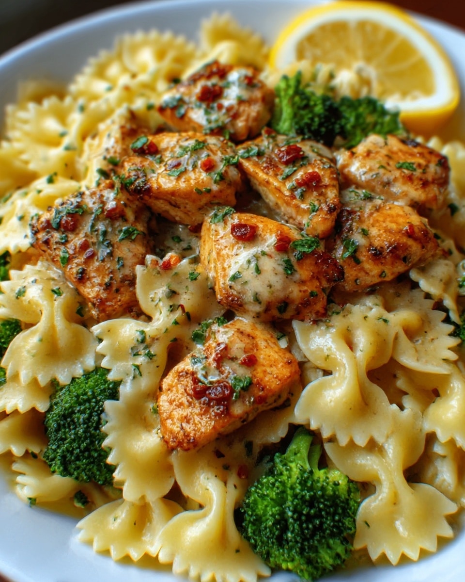 A close-up of a white plate filled with bow-tie pasta layered with bright green broccoli florets all around the edges, topped with several pieces of grilled chicken that have a golden-brown color and are sprinkled with herbs and spices. The pasta is creamy and light yellow, with the broccoli adding a fresh, textured green contrast. The grilled chicken pieces sit evenly on top, showing a slightly crispy surface and small bits of seasoning visible. The background is a white marbled texture. Photo taken with an iphone --ar 4:5 --v 7