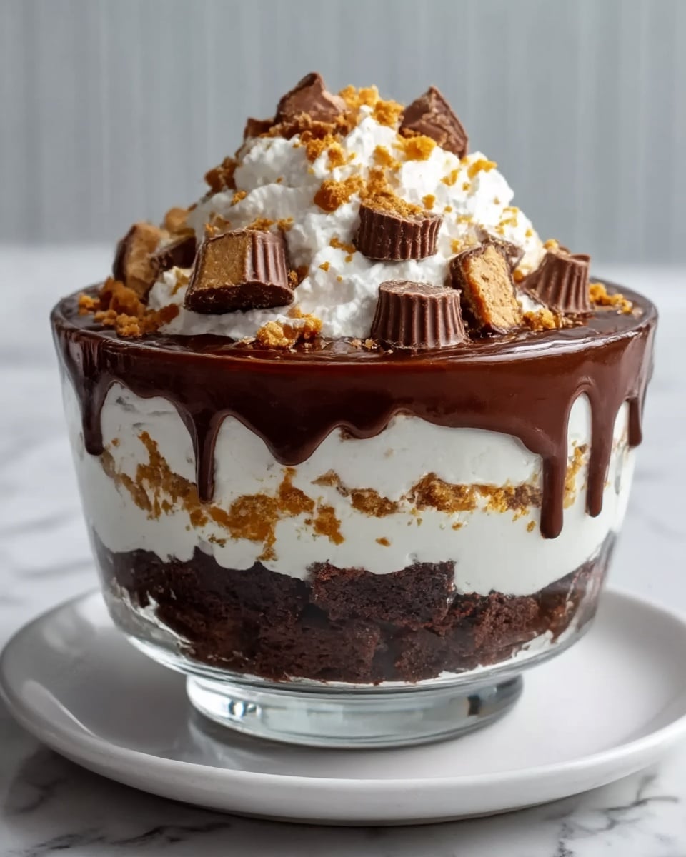 A clear glass bowl holds a layered dessert with three main layers: the bottom layer is a dark chocolate cake base, followed by a thick white whipped cream layer mixed with small pieces of golden brown cookie chunks, and on top a rich shiny chocolate sauce drips over the edges. The dessert is crowned with a generous swirl of fluffy white whipped cream scattered with crushed chocolate pieces and small bits of cookie. The bowl sits on a white plate placed on a white marbled surface. photo taken with an iphone --ar 4:5 --v 7