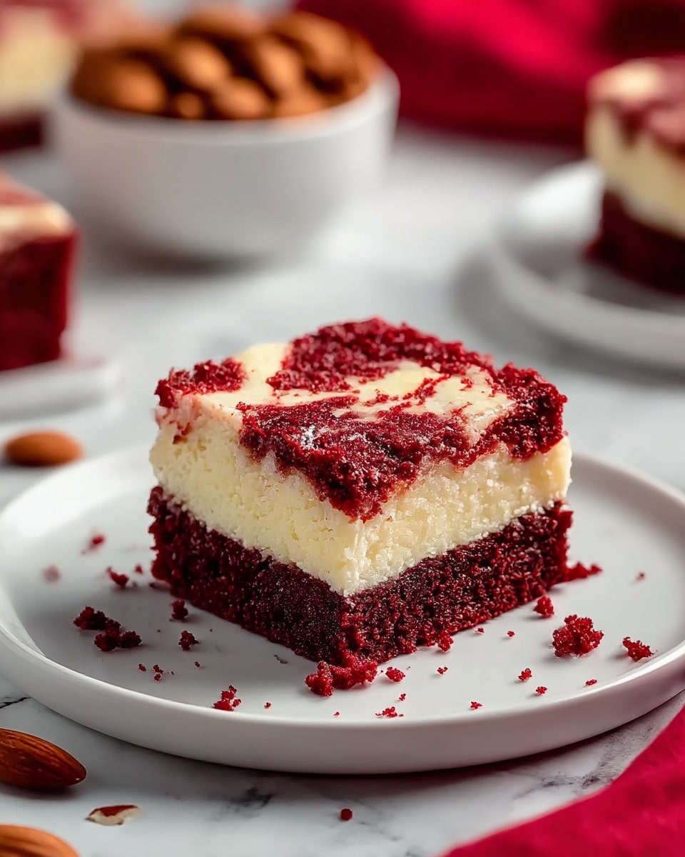 A square-shaped cake bar with three distinct layers sits on a white plate placed on a white marbled surface. The bottom layer is deep red, moist, and crumbly cake. The middle layer is a thick, creamy white cheese filling with a smooth texture. The top layer is a thin swirl of red cake crumbs scattered unevenly, lightly dusted with powdered sugar, adding a slightly rough texture. Some crumbs are scattered on the plate near the cake. In the background, a white bowl filled with whole almonds is slightly out of focus, and parts of other cake bars are blurred. A deep red cloth napkin is placed near the bottom right corner of the plate. photo taken with an iphone --ar 4:5 --v 7