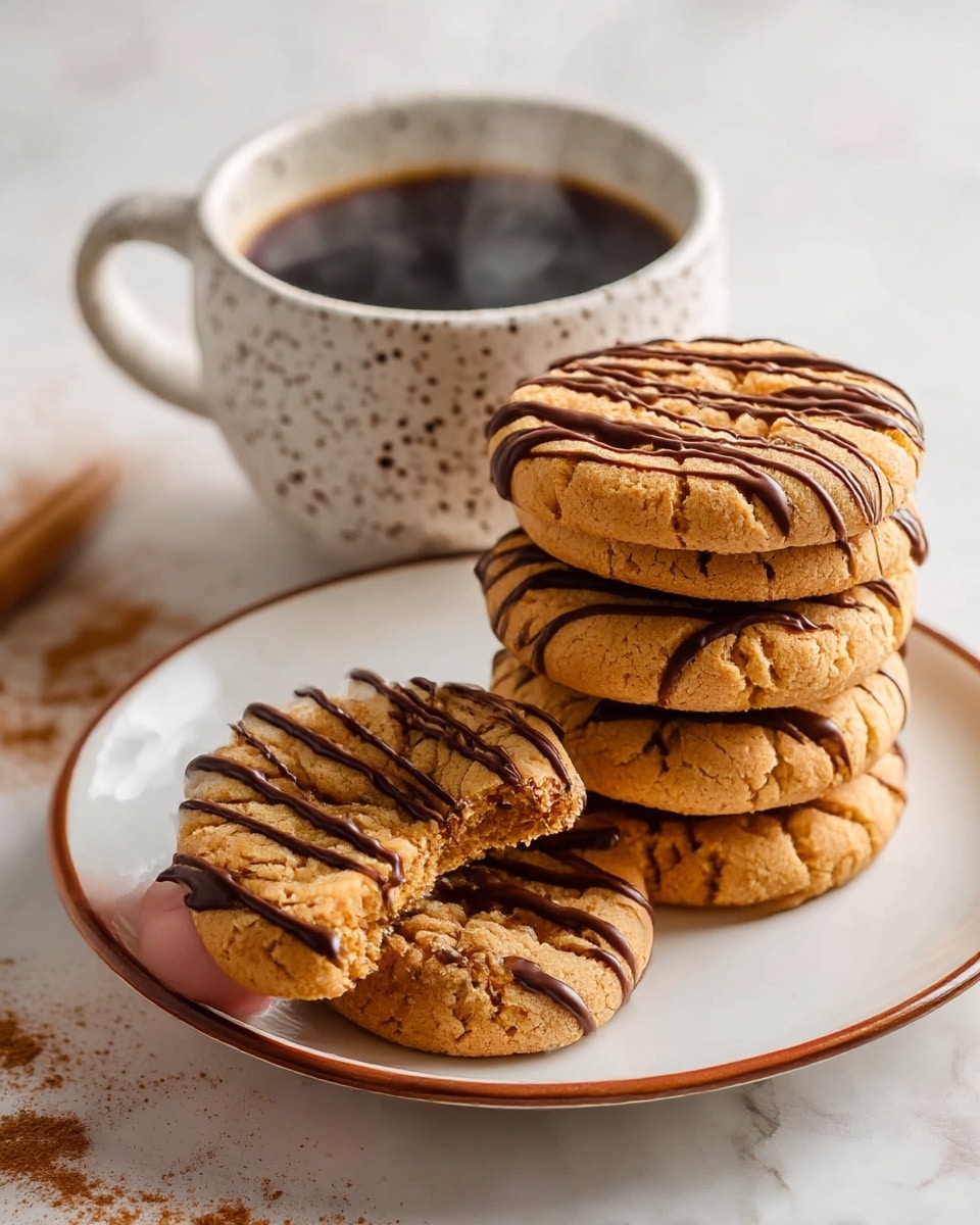 A white plate with a stack of five round, light brown cookies topped with thin dark brown chocolate drizzles. One cookie leans against the stack, showing its crunchy texture. Behind the plate, there is a white speckled cup filled with black coffee with steam rising. The setting is on a white marbled surface with a sprinkle of light brown powder near the cup. photo taken with an iphone --ar 4:5 --v 7