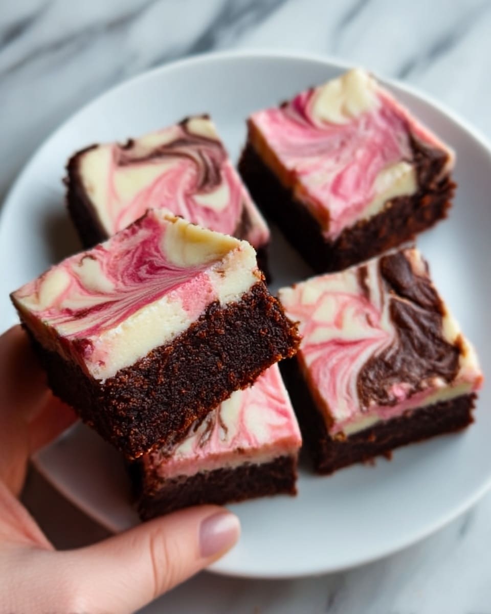 The image shows a square brownie dessert cut into four pieces on a white plate. Each piece has two layers: a thick, dark brown, fudgy base layer, and a swirled top layer in creamy white and light pink colors, with a marbled texture. The top looks soft and smooth with artistic pink and white mixing patterns. The background is a white marbled surface, and a woman's hand is gently holding one piece from the plate. Photo taken with an iphone --ar 4:5 --v 7