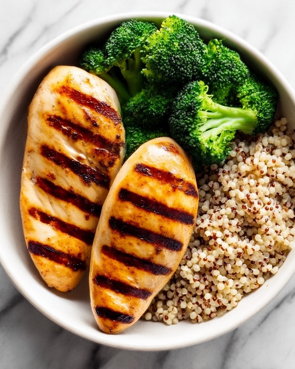 A white bowl filled with two grilled chicken breasts placed side by side in the center, each showing dark brown grill lines over a golden-brown surface. To the right of the chicken is a serving of mixed grains with a light beige and brown color, appearing soft and fluffy. On the upper left side, vibrant green broccoli florets add a fresh, textured look. The bowl sits on a white marbled texture. photo taken with an iphone --ar 4:5 --v 7