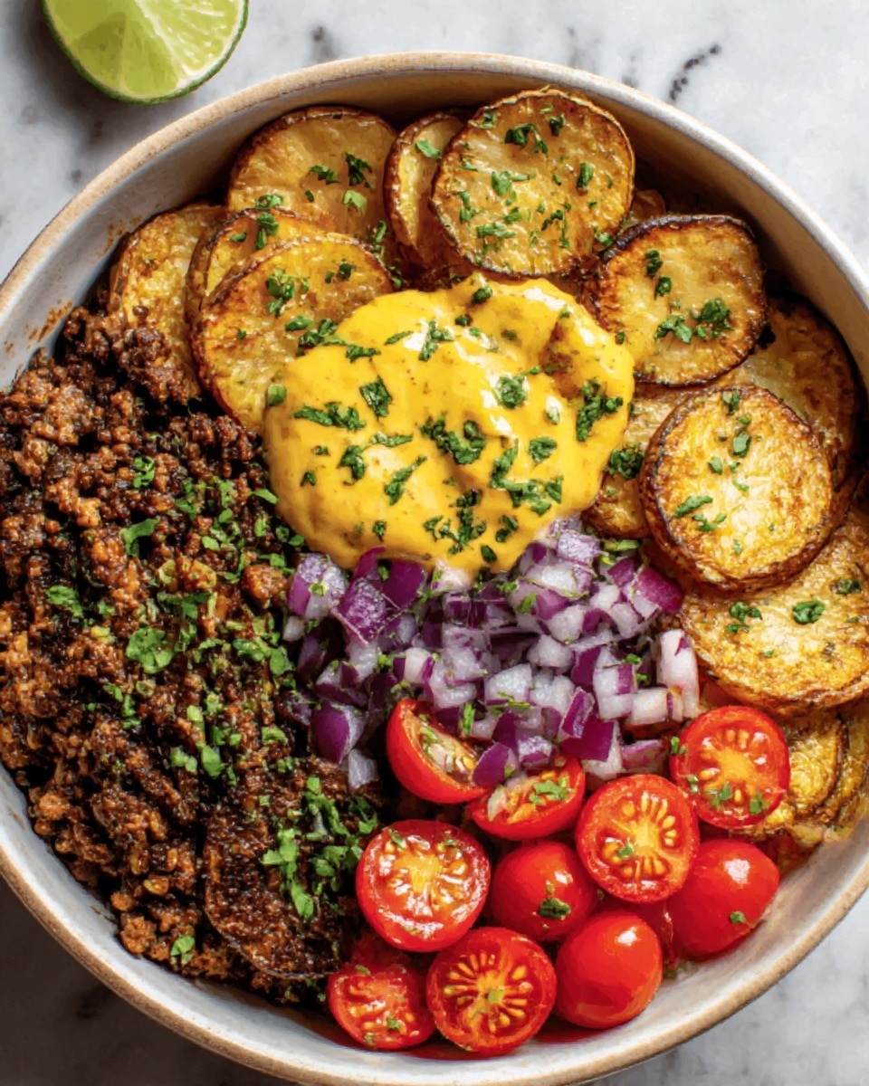 A white bowl filled with a colorful layered dish. On the left side, there is a layer of dark brown cooked ground meat with some green herbs on top. Next to it, on the top, are golden brown roasted round potato slices with green herbs sprinkled over. On the right side, there is a chopped red tomato salad with some green herbs mixed in. In the center, there is a creamy light yellow sauce spread over the top of more roasted golden potato slices. The bowl rests on a white marbled surface. photo taken with an iphone --ar 4:5 --v 7