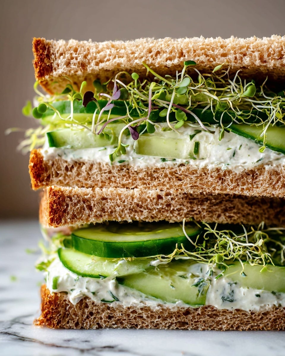 A close-up of a sandwich slice showing two layers of brown bread with a filling of thick creamy white spread mixed with green cucumber chunks and fresh green sprouts, which add a light and fresh texture; the sandwich is cut in half and stacked, placed on a white plate on a white marbled surface with soft lighting highlighting the fresh ingredients and the texture of the bread. photo taken with an iphone --ar 4:5 --v 7