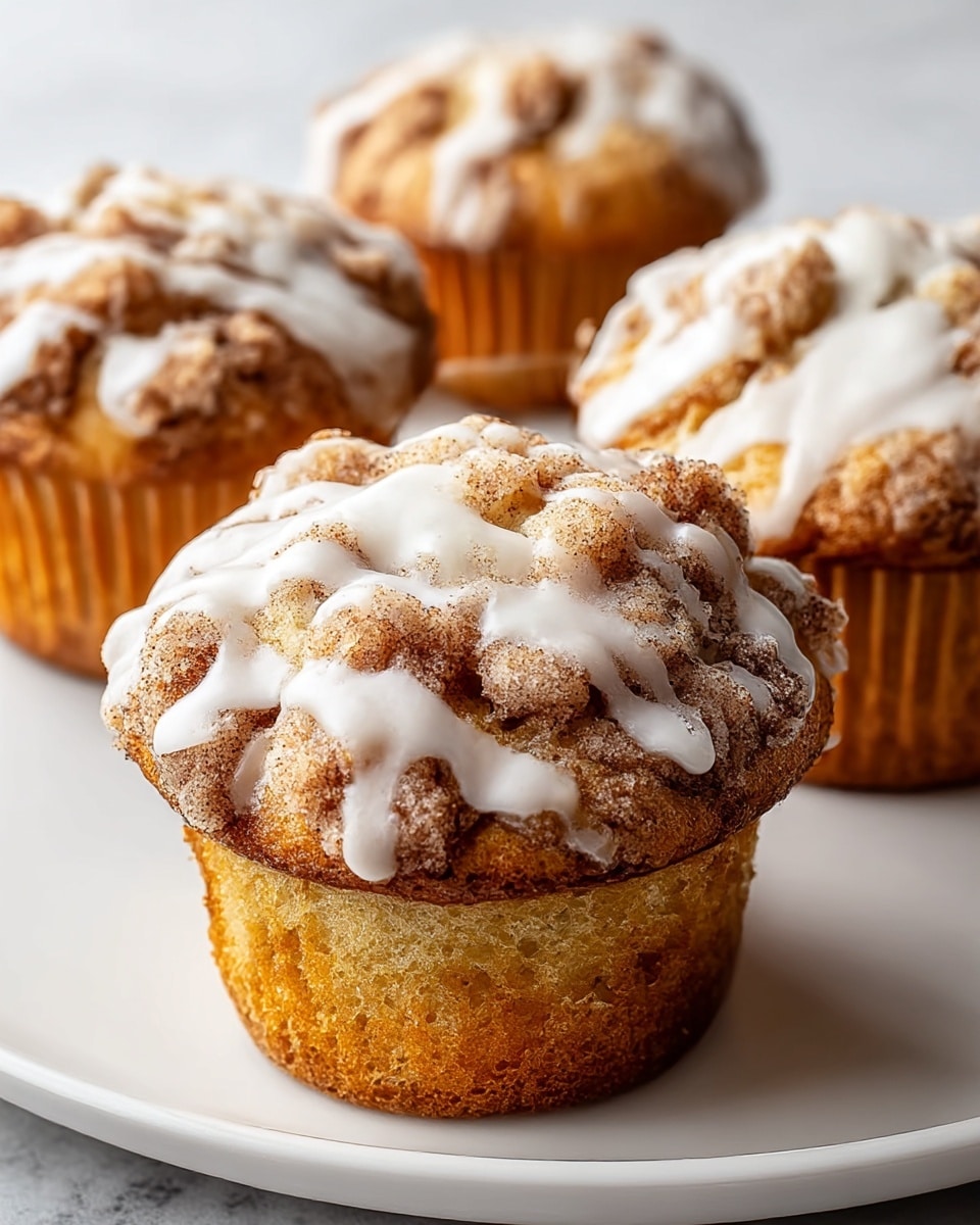 The image shows four cinnamon crumb muffins on a white plate against a white marbled background. Each muffin has a golden-brown base with a slightly textured, baked muffin paper exterior. On top, there is a thick layer of crumbly cinnamon topping, dark brown with a crunchy texture, uneven and mound-shaped. A sweet white glaze is drizzled over each crumb topping, dripping softly down the sides, creating a glossy contrast to the rough crumb. The focus is on the front muffin, showing its detailed texture with the three others softly blurred in the background. photo taken with an iphone --ar 4:5 --v 7