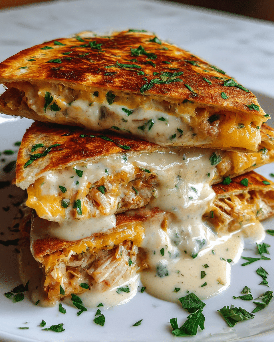 The image shows a close-up of two golden-brown quesadilla halves stacked on a white plate with melted creamy cheese oozing out between two crispy, browned tortilla layers. The filling includes juicy grilled chicken pieces visible in the middle layer with melted yellow and white cheese mixed with fresh green herbs. Extra creamy cheese sauce drips from the edges and pools onto the plate. Small bits of chopped green parsley are sprinkled on top and around the quesadilla, adding a fresh pop of color. The background is a white marbled texture. photo taken with an iphone --ar 4:5 --v 7