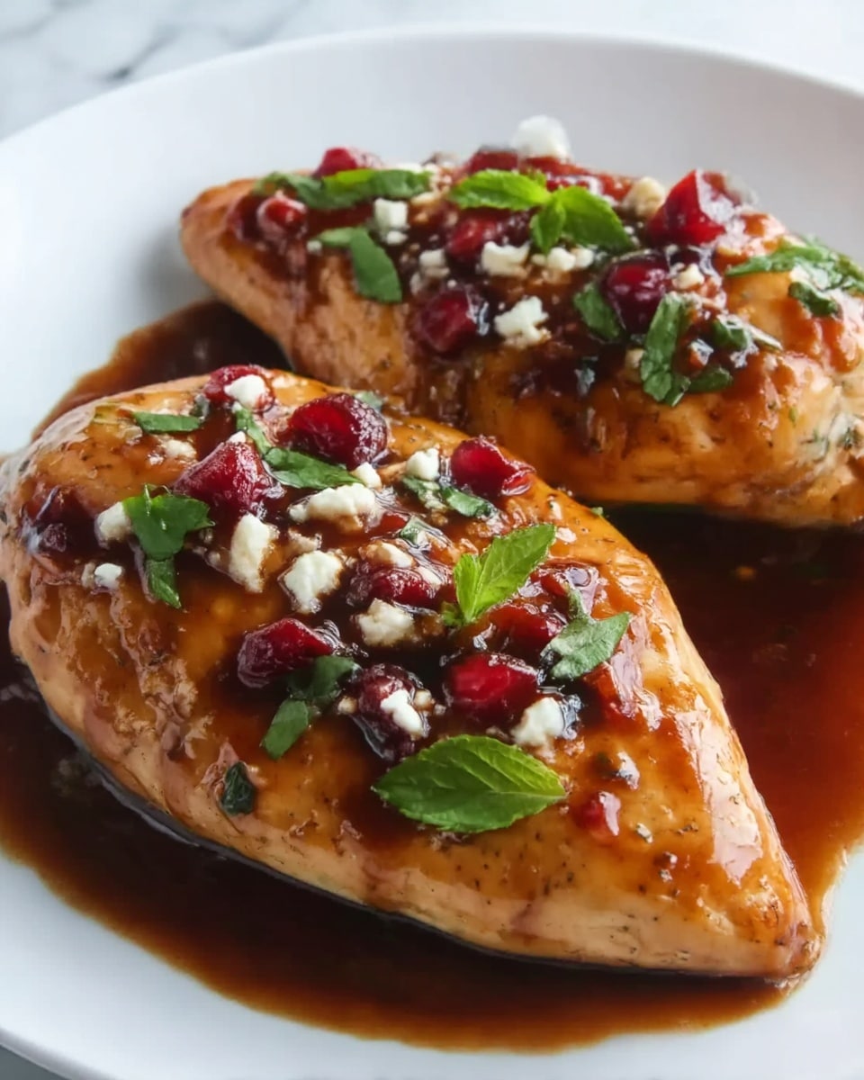 Two pieces of grilled chicken breast are placed side by side on a white plate, covered in a shiny brown sauce that pools around the base. Each chicken piece is topped with small chunks of red roasted peppers, scattered bits of white cheese, and fresh green basil leaves, adding color contrast. The texture of the chicken shows grill marks and a moist glaze, while the sauce reflects light, making the dish look juicy and appetizing. The background is a white marbled surface. photo taken with an iphone --ar 4:5 --v 7