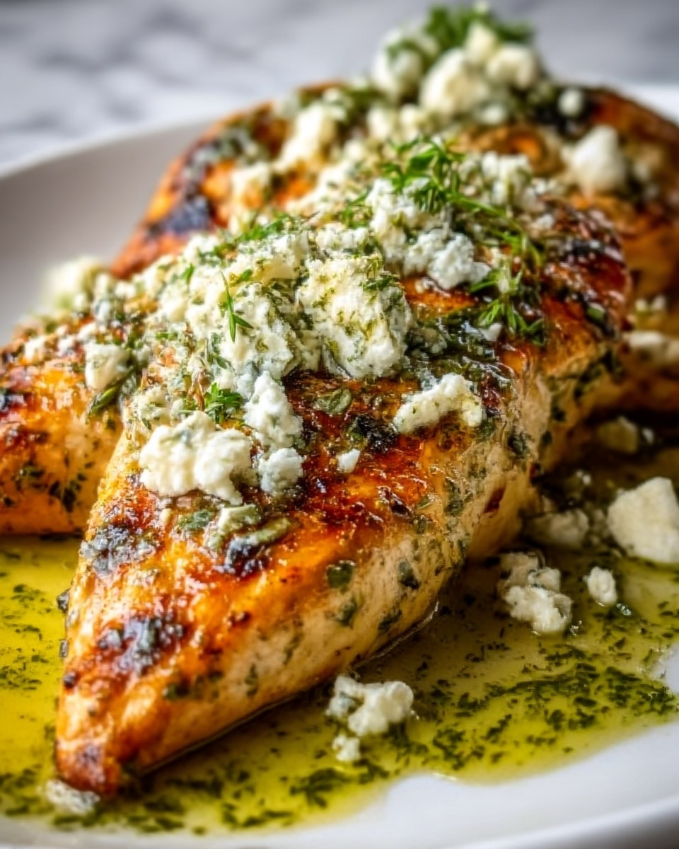 A white plate holds a grilled chicken breast, sliced into four pieces with visible grill marks and a golden-brown crust. The chicken is topped with crumbled blue cheese that is white with blue veins and sprinkled with finely chopped green herbs. Around the chicken, there is a light yellow-green sauce with small green herb pieces. The plate sits on a white marbled surface. Photo taken with an iphone --ar 4:5 --v 7
