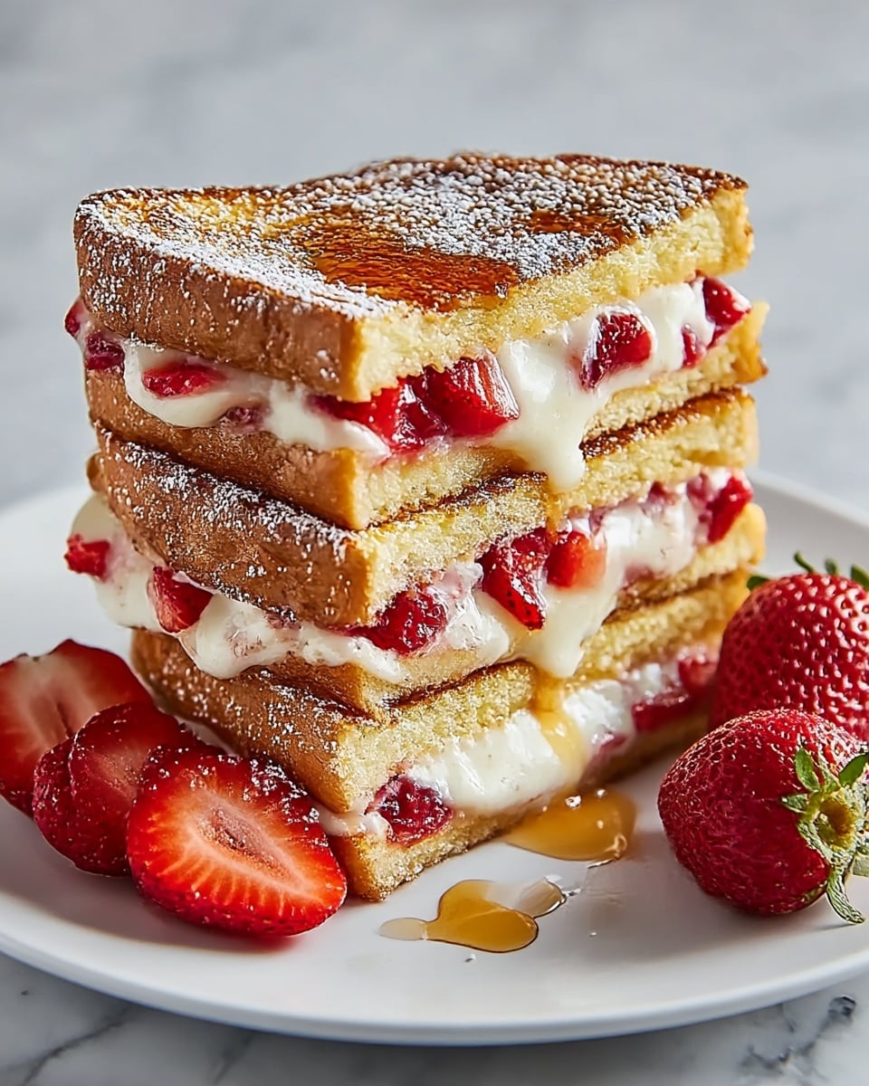 A stack of three thick triangular sandwich pieces on a white plate set on a white marbled surface, each sandwich with golden brown, crispy edges dusted lightly with powdered sugar; inside each sandwich layer, there is melted white cheese mixed with bright red strawberry slices, making the filling gooey and oozing slightly; around the plate, fresh whole and sliced strawberries are scattered with drops of syrup shining nearby, adding bright red and glossy orange touches. photo taken with an iphone --ar 4:5 --v 7