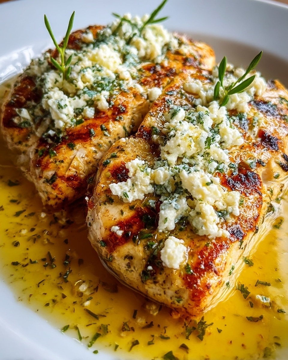 The dish shows three grilled chicken breasts arranged side by side on a white plate, each piece golden brown with charred grill marks and specks of black pepper and herbs. The chicken is topped with crumbled white cheese scattered unevenly over the top, and small green herb sprigs add freshness on the center. A generous pool of golden yellow oily sauce with visible bits of green herbs surrounds the chicken, giving a shiny, moist look. The background is a white marbled texture. photo taken with an iphone --ar 4:5 --v 7