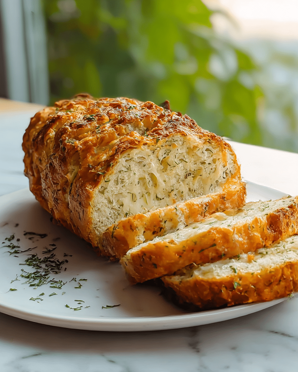A sliced loaf of golden-brown cheesy herb bread sits on a white plate placed on a wooden surface with a white marbled texture background. The bread has about four thick slices visible, showing a soft inside full of melted orange and white cheese with green herbs sprinkled throughout. The crust is crispy with browned edges and also has bits of herbs baked into it. Some green herb flakes are scattered lightly on the plate near the bread. Photo taken with an iphone --ar 4:5 --v 7